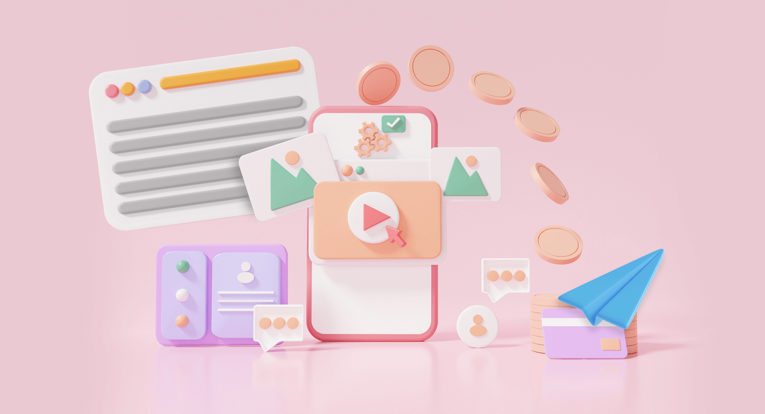 Image showing several acquisition and promotion channel symbols like a blog post, YouTube video, email share, and paid advertising. Paid, earned, owned, shared media explained blog post