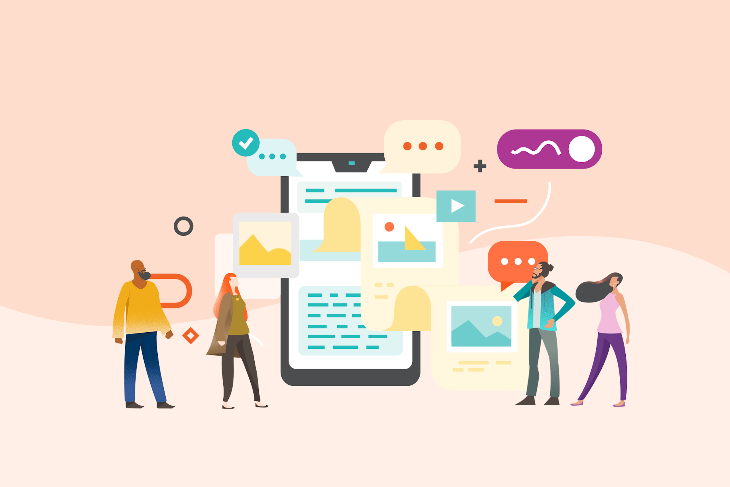 A group of illustrated characters standing around a phone with several chat bubbles and graphs coming off of the screen. The group is analyzing the social data to try to get a deeper understanding of the audience.