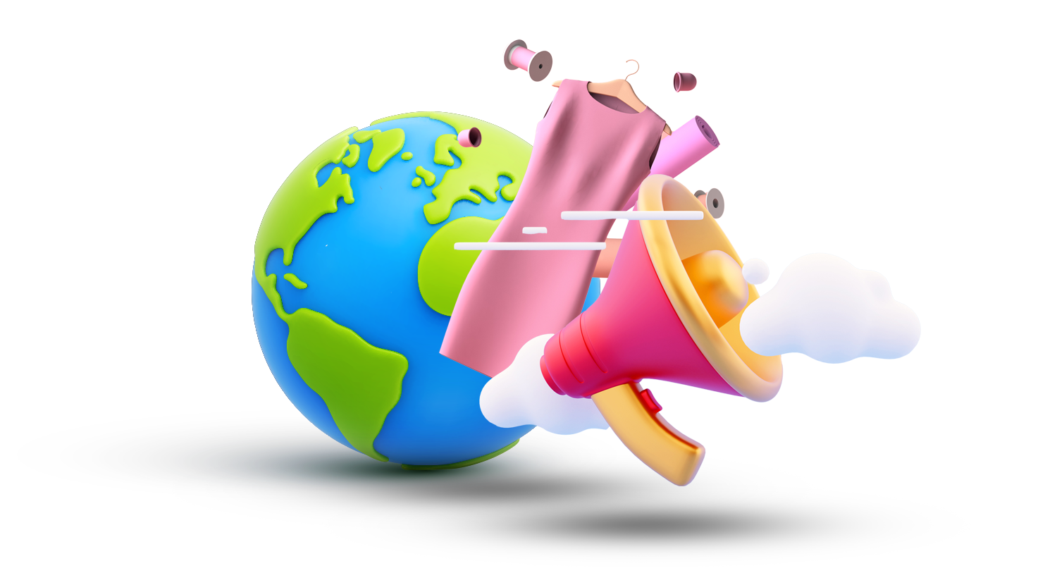 Illustration showing a dress on a hanger with thread spools floating around and a pink and yellow megaphone, next to a brightly colored globe. Fashion influencers global list blog post 