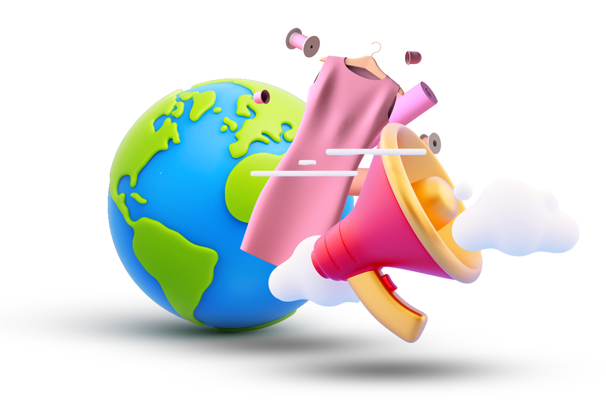 Illustration showing a dress on a hanger with thread spools floating around and a pink and yellow megaphone, next to a brightly colored globe. Fashion influencers global list blog post