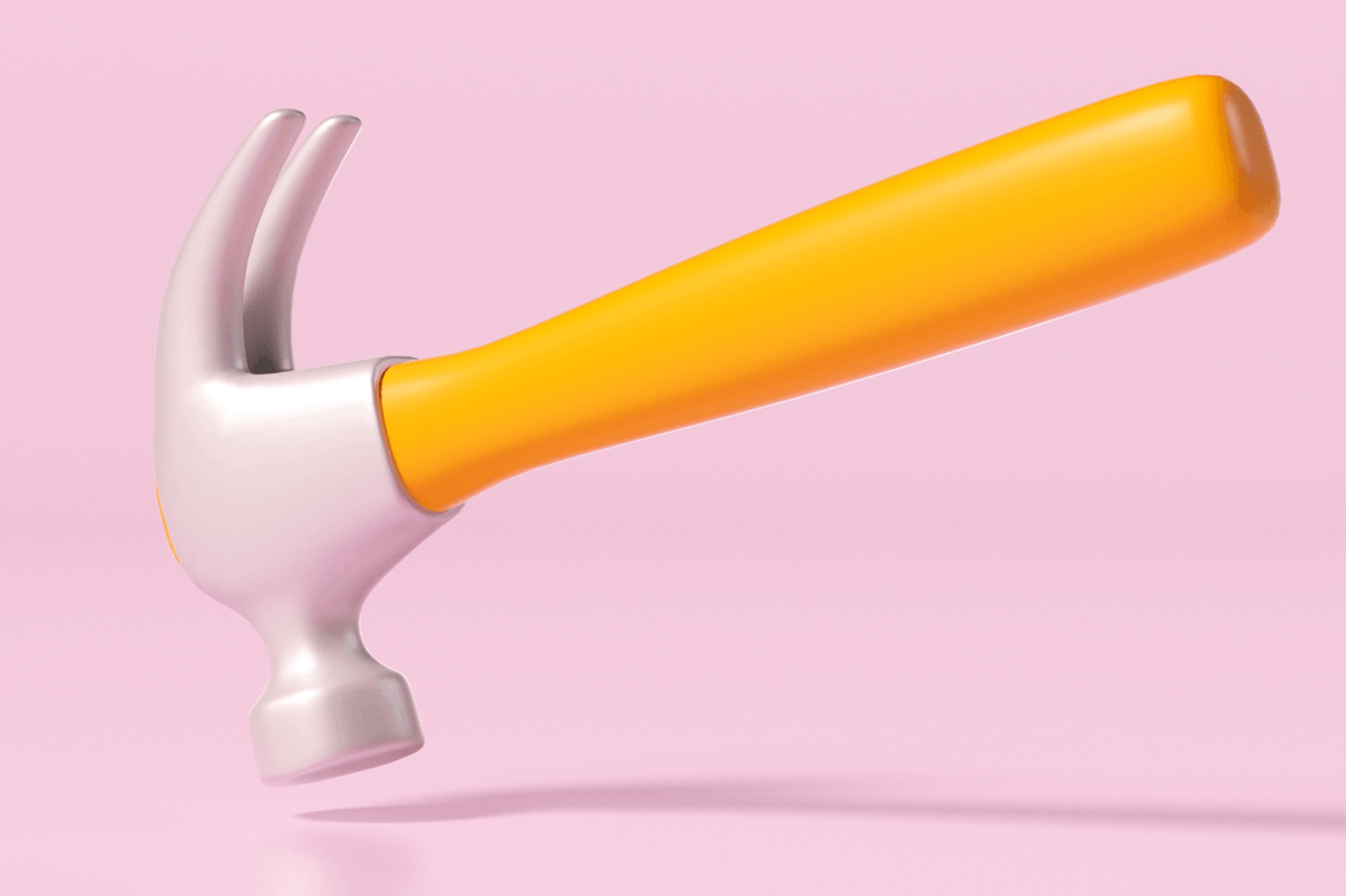 Illustration showing a large hammer on a pale pink background. Building brand equity blog post.