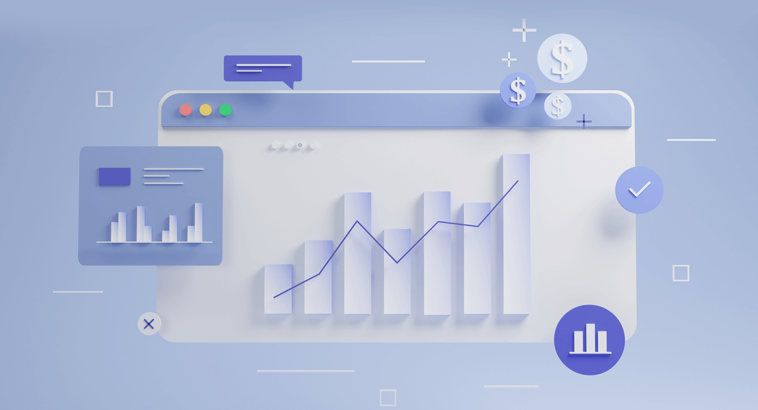 A stylized version of a bespoke reporting dashboard with a bar graph in the center. Hovering around the dashboard are several other icons, like dollar signs, a checkmark, and pie charts, demonstrating the potential outputs of a bespoke report.