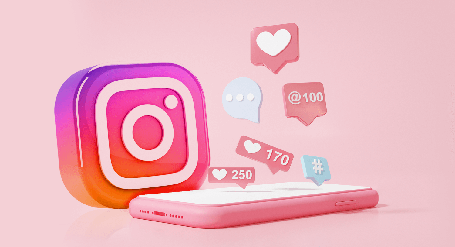 Image showing a large Instagram logo behind a phone with like symbols, hashtag symbol, and message bubble rising out, on a pale pink background for the top Instagram marketing examples