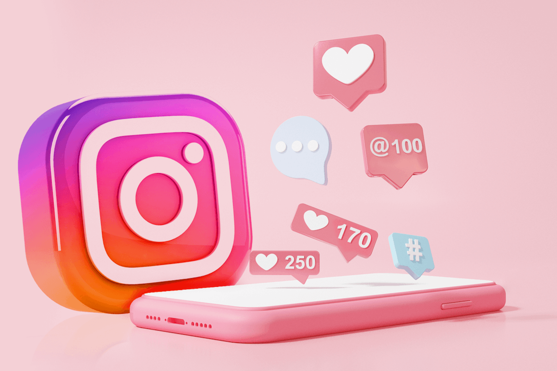 Image showing a large Instagram logo behind a phone with like symbols, hashtag symbol, and message bubble rising out, on a pale pink background for the top Instagram marketing examples