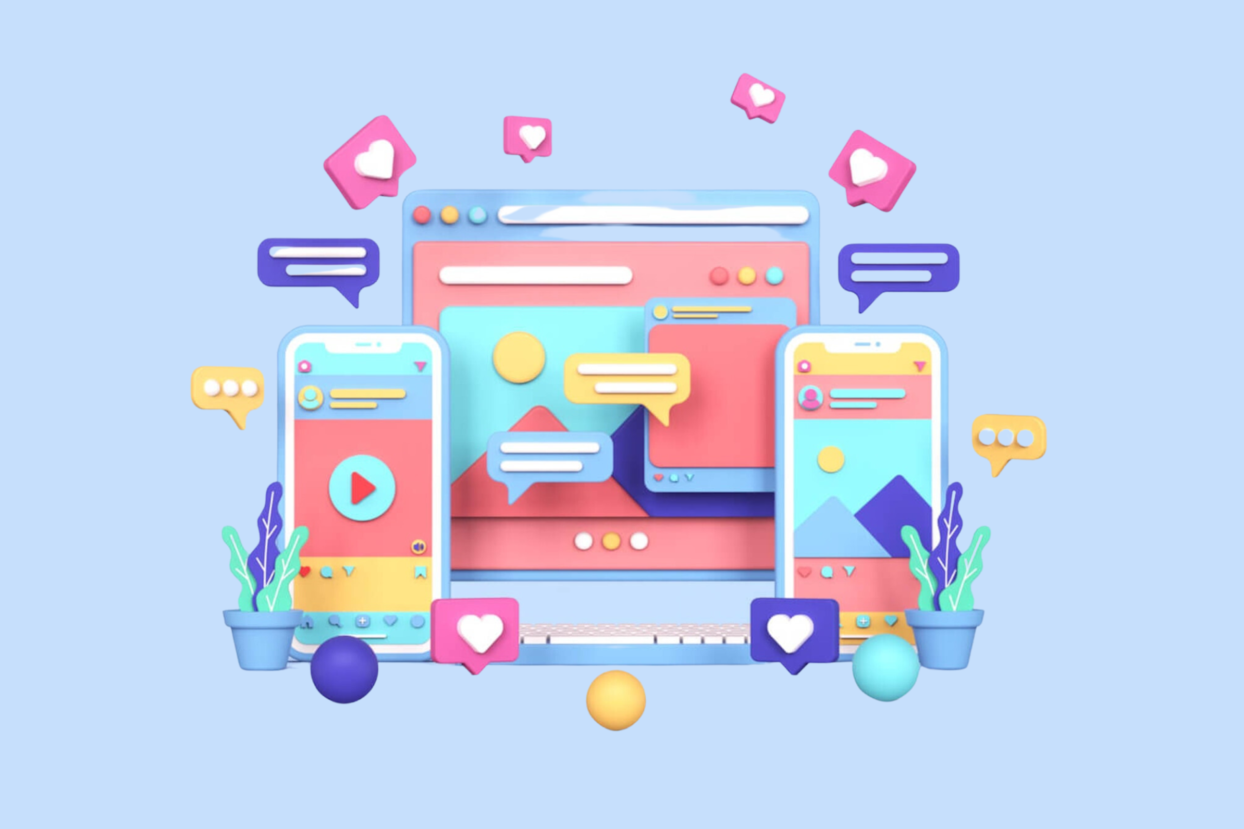 Eine Abbildung bestehend aus 2 Handydisplays und einem Desktophintergrund. Diese sind umgeben von bunten Sprechblasen und Like-Symbolen.