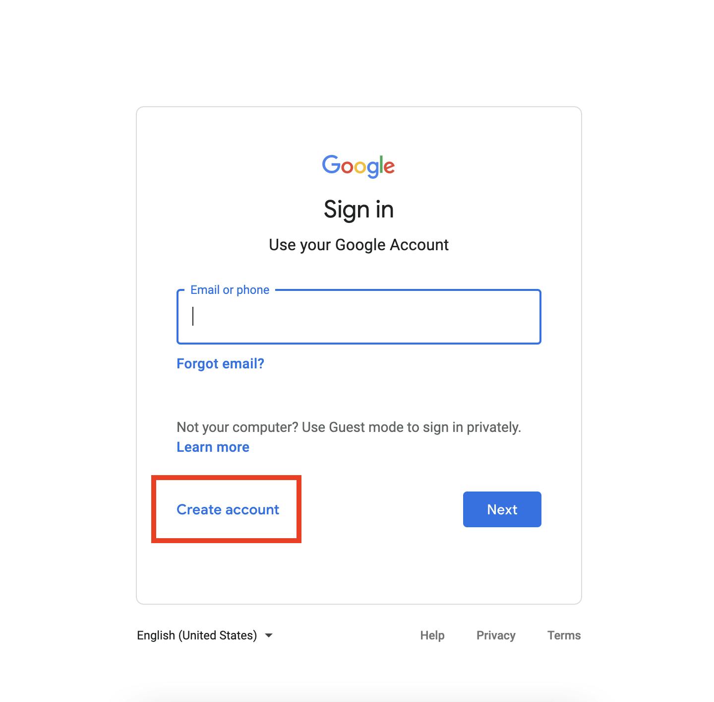 Creating a Google account process, step 2