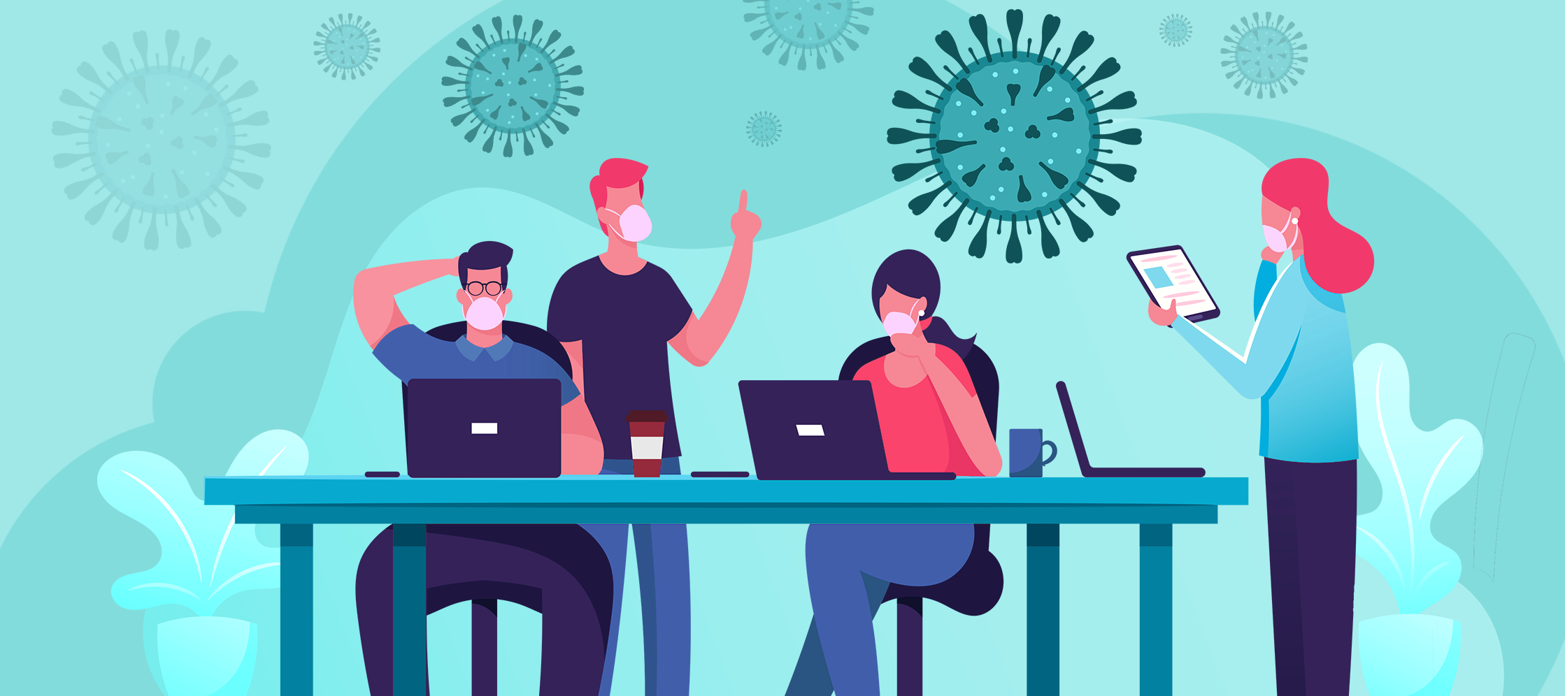 Illustration of a COVID-era workplace with employees wearing masks while using their devices