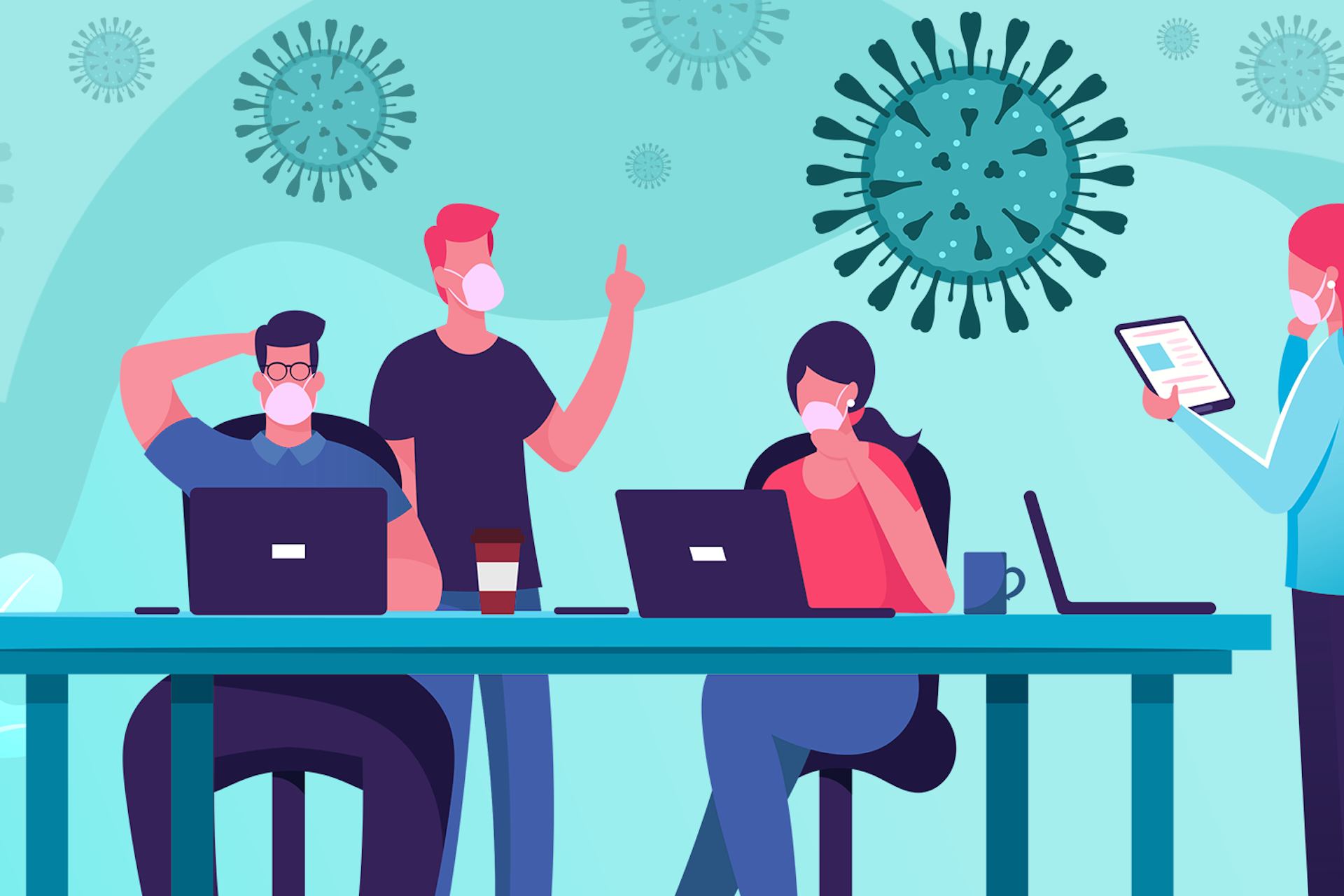 Illustration of a COVID-era workplace with employees wearing masks while using their devices