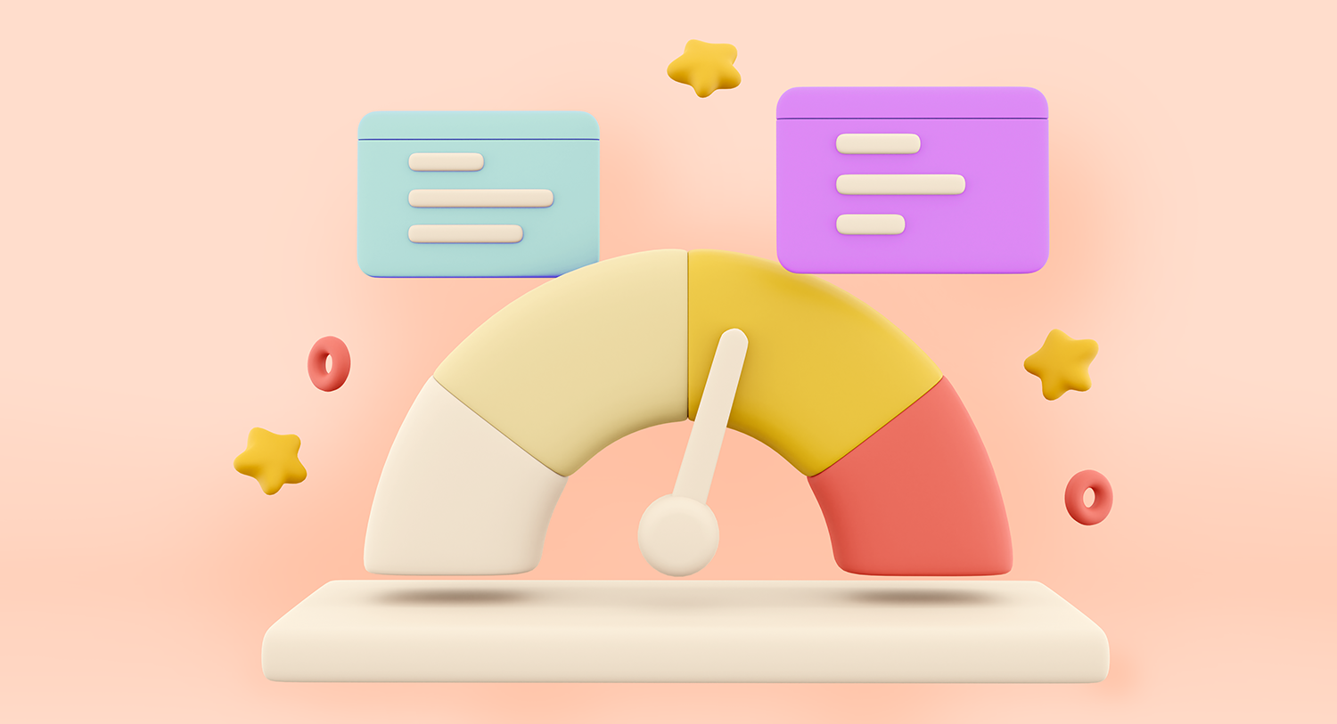 Illustration showing a barometer with the needle pointing to yellow, and two floating message cards surrounded by stars, on a pale pink background. 50 Content Marketing metrics blog post