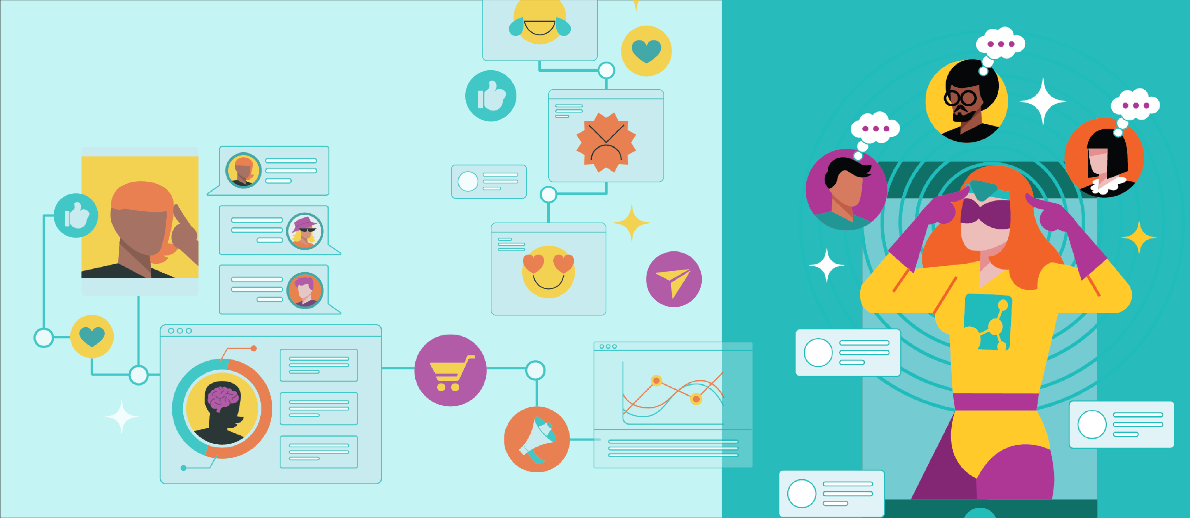 スーパーパワーを持つ女性が顧客の心を読んでいるイラスト