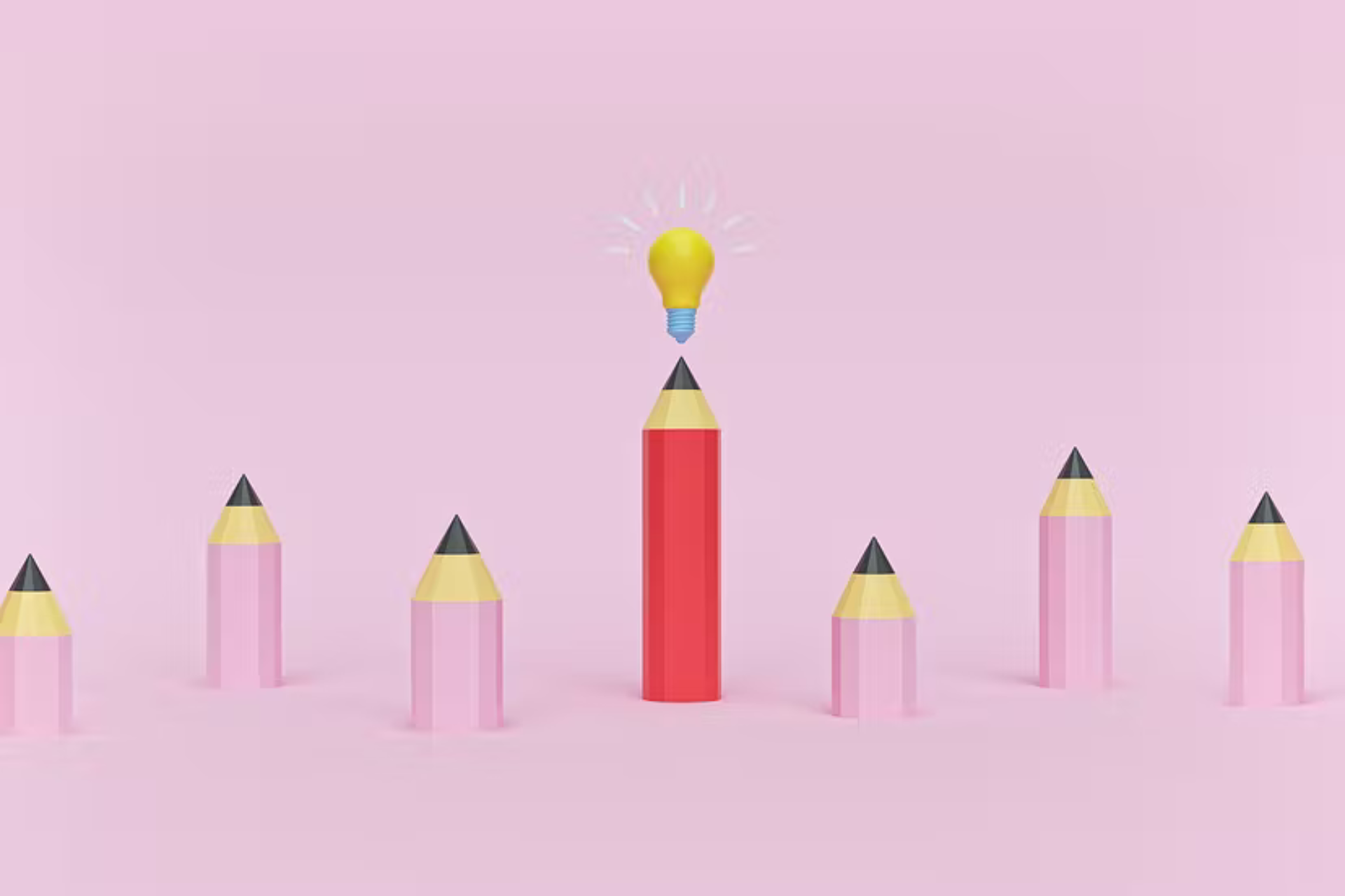 3D Illustration von Stiften, bei denen einer anders ist als die anderen und eine Glühbirne über sich hat. Das ist das Titelbild zu unserem Beitrag zur Zielgruppenanalyse
