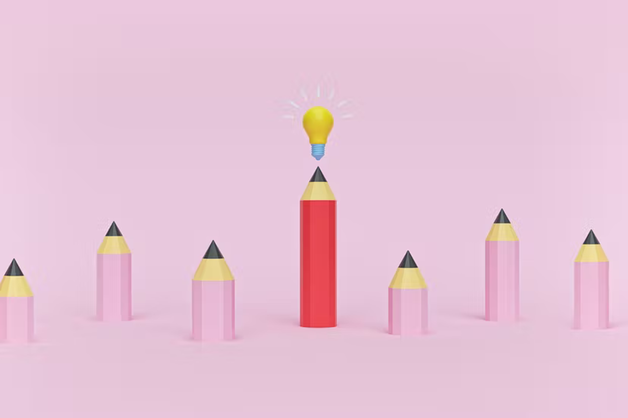 3D Illustration von Stiften, bei denen einer anders ist als die anderen und eine Glühbirne über sich hat. Das ist das Titelbild zu unserem Beitrag zur Zielgruppenanalyse