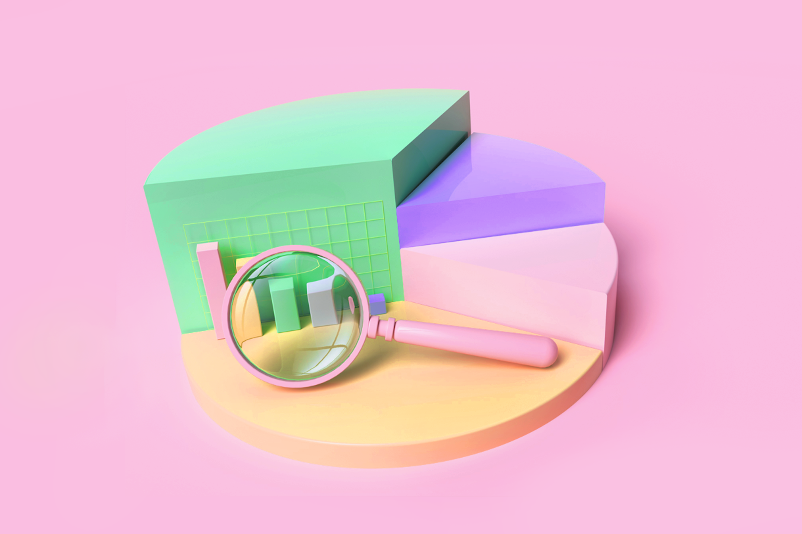 3D Illustration mit einer Lupe zur Verbildlichung von PR-Statistiken