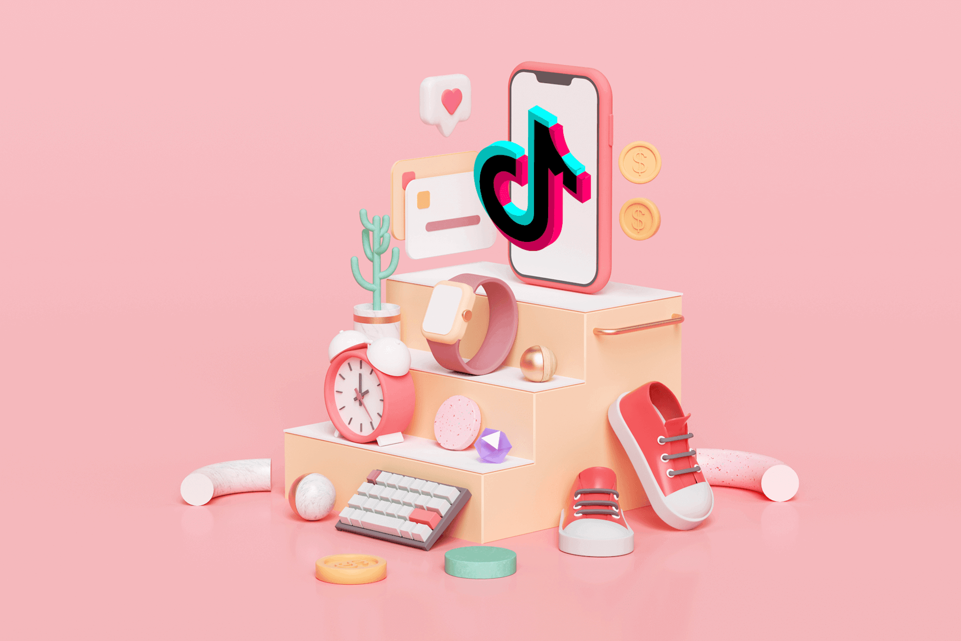 A phone with the TikTok logo stands at the top of a staircase scattered with items like an alarm clock and computer keyboard in this image for a blog about the hashtag #tiktokmademebuyit.