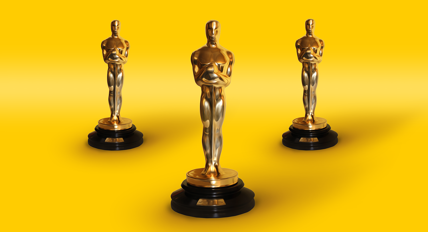 Three Oscar Award statuettes stand against a gold background in this image for a Meltwater Social Listening blog about the 96th Academy Awards.
