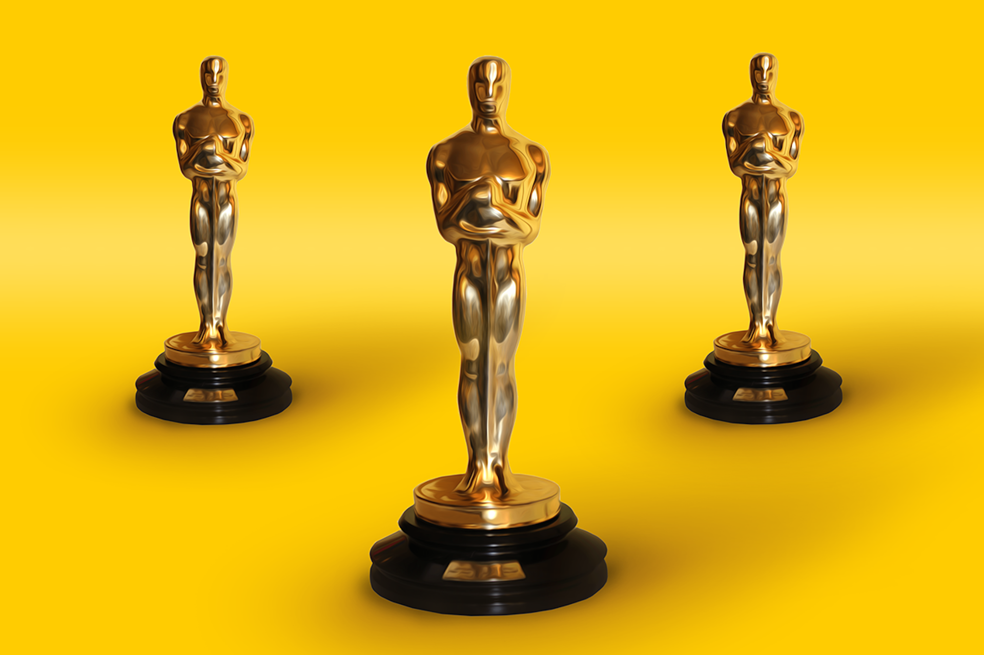 Three Oscar Award statuettes stand against a gold background in this image for a Meltwater Social Listening blog about the 96th Academy Awards.