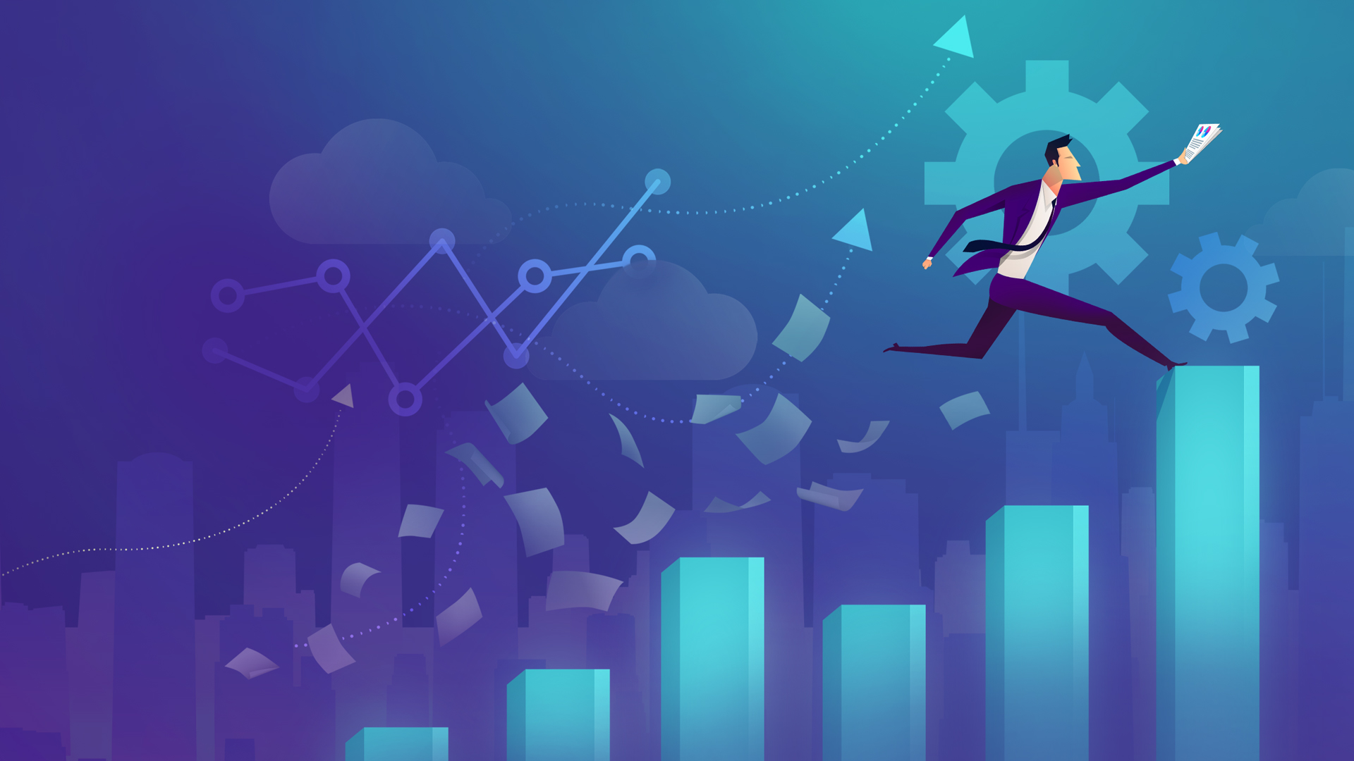 An illustration of a businessman running up a bar graph while holding a newspaper. Behind him is a blue background with technological icons and papers
