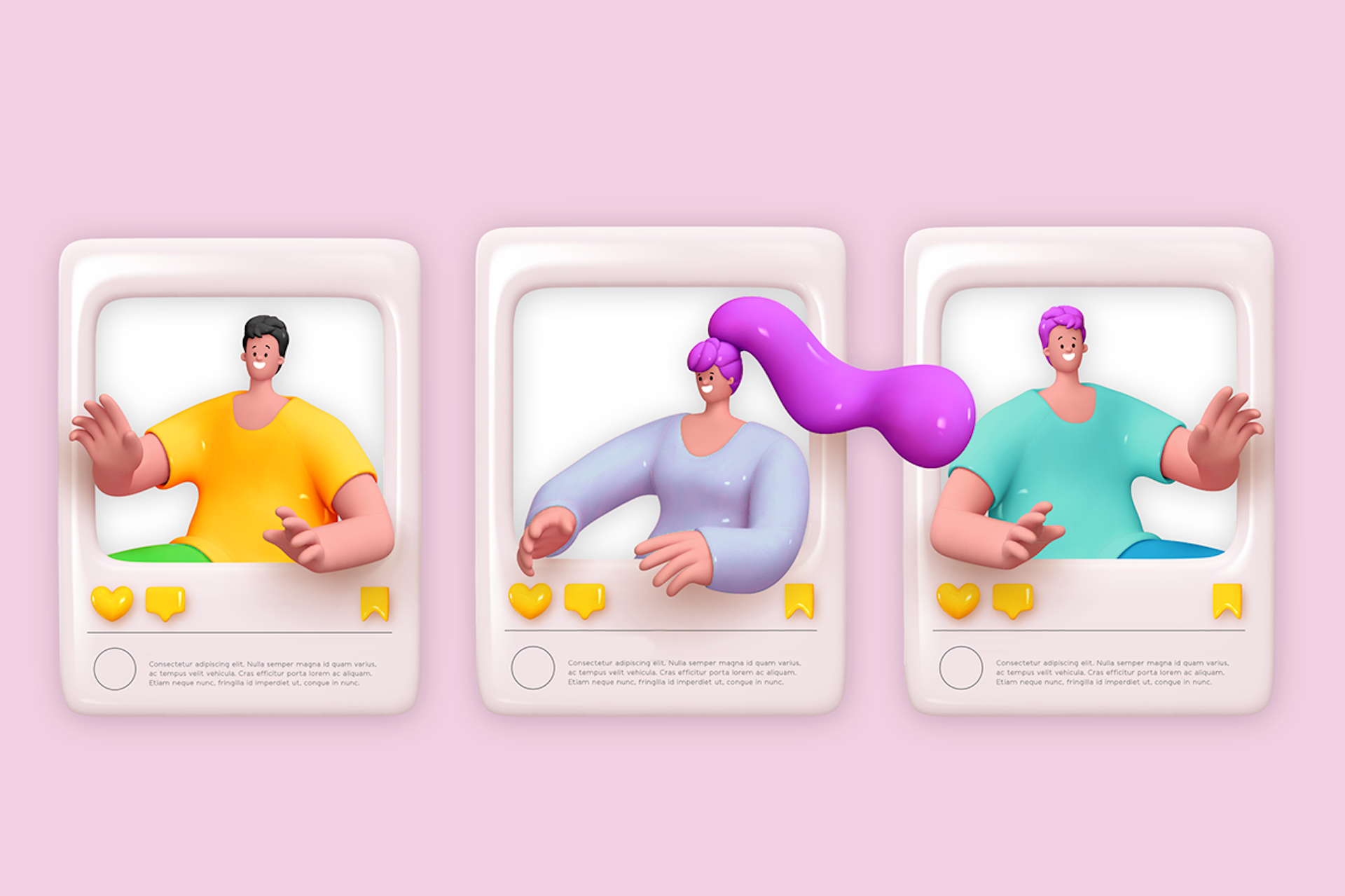 Illustration of three social media influencers in a row, each one popping out of a frame. Each frame looks like an Instagram post with like and comment buttons below the image.