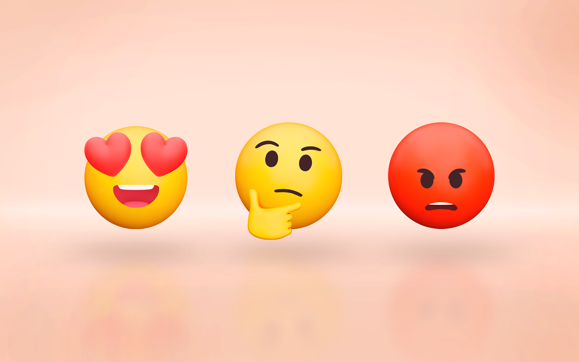 An image showing three large emojis demonstrating different sentiments. The far left emoji has heart eyes, the middle emoji has hand on chin with puzzled expression, the far right emjoi is red and has an angry expression. Blog post image for sentiment analysis