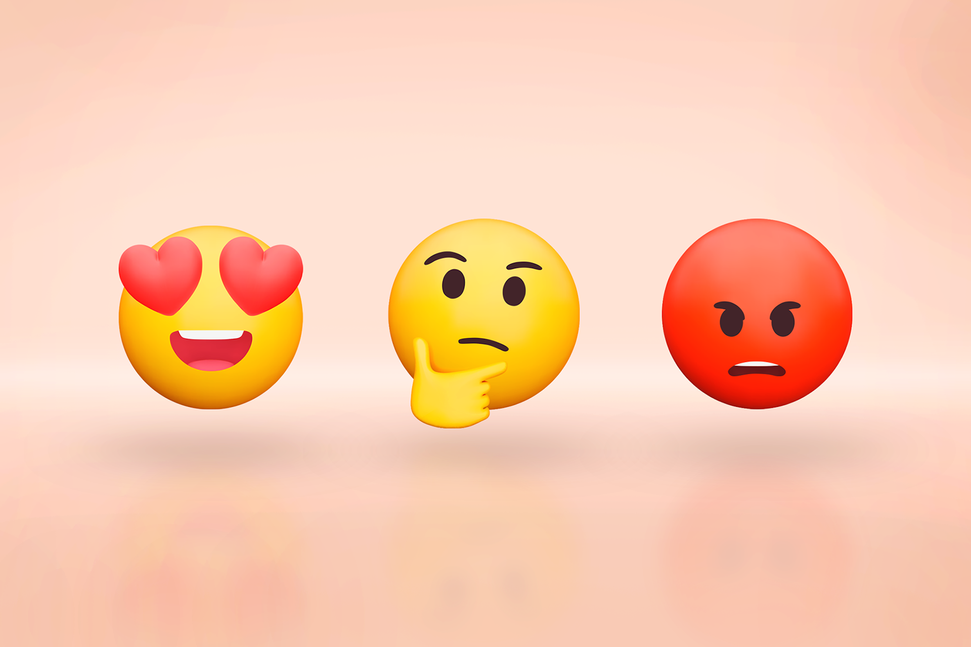 An image showing three large emojis demonstrating different sentiments. The far left emoji has heart eyes, the middle emoji has hand on chin with puzzled expression, the far right emjoi is red and has an angry expression. Blog post image for sentiment analysis