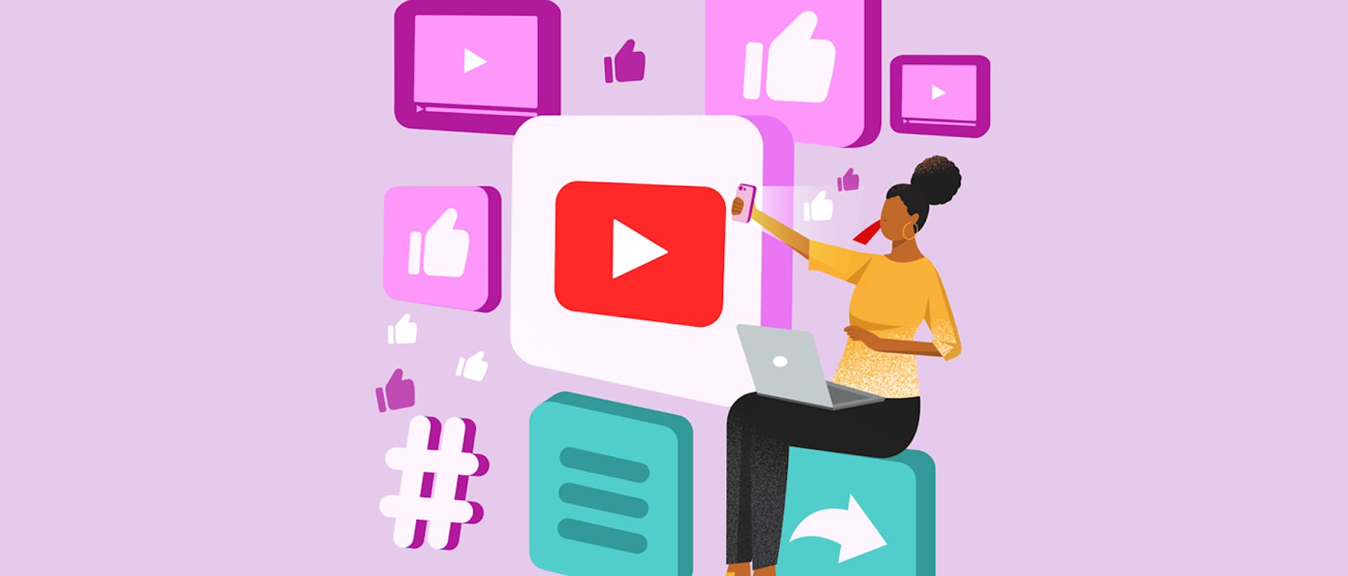 An illustration of a woman sitting on a bunch of social media and video icons, like a video play button and like button, while she records herself for a YouTube video. This image is being used for Meltwater's Ultimate Guide to YouTube Marketing eBook. 