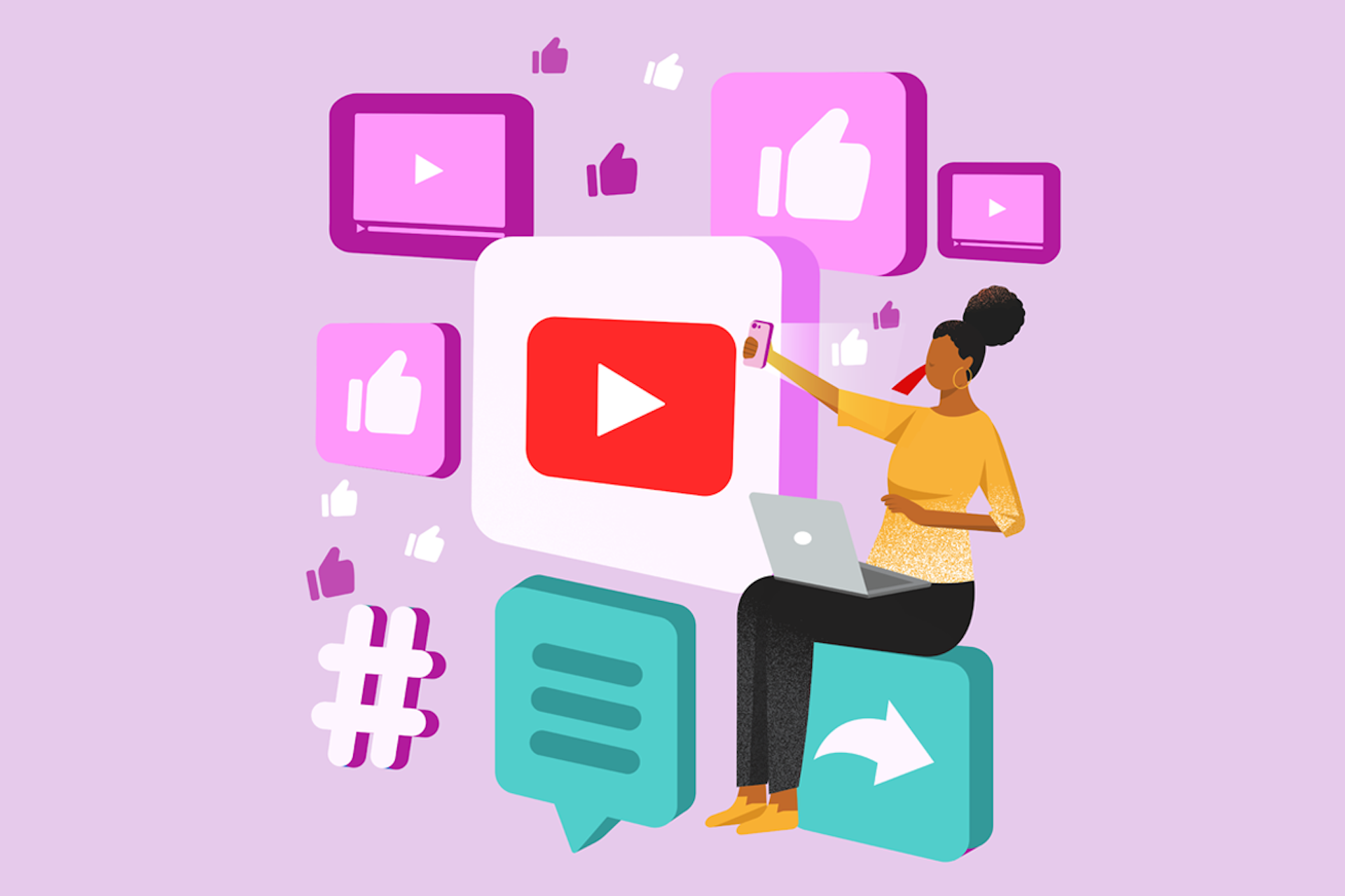 An illustration of a woman sitting on a bunch of social media and video icons, like a video play button and like button, while she records herself for a YouTube video. This image is being used for Meltwater's Ultimate Guide to YouTube Marketing eBook. 