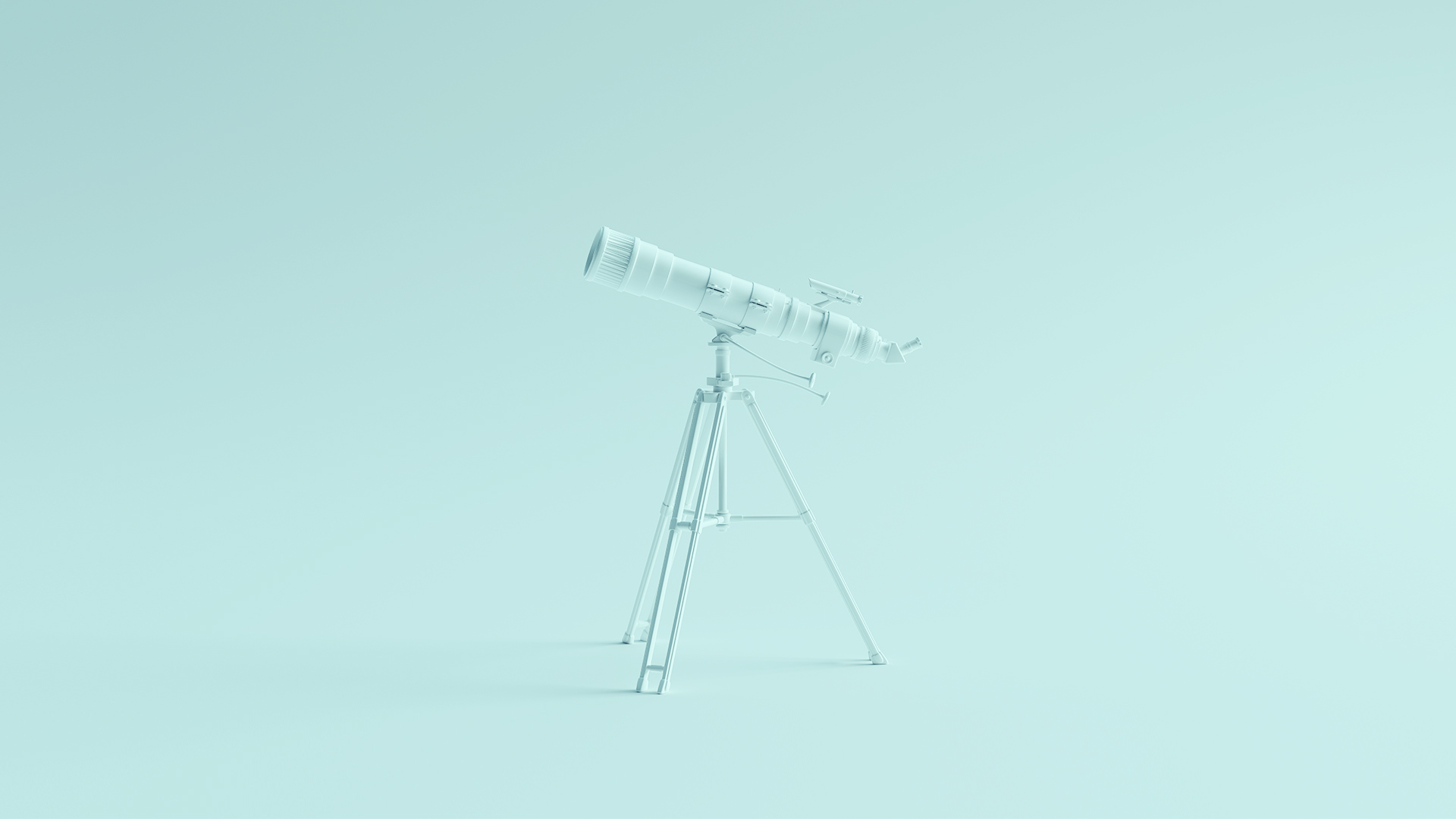 A large telescope set against a light teal backdrop. The telescope is a visual metaphor for the process of monitoring brand mentions on the internet, which is known as brand monitoring. 