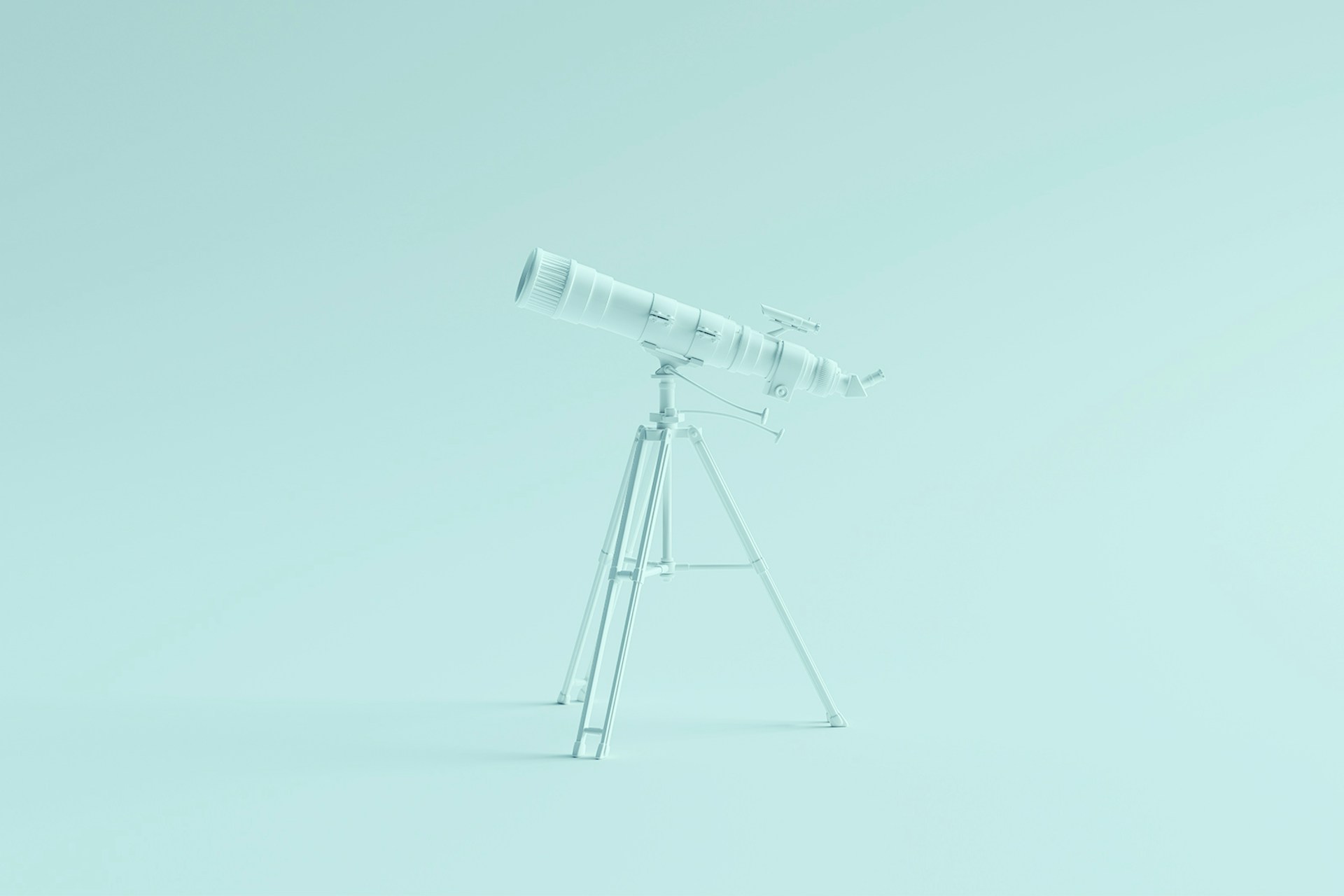 A large telescope set against a light teal backdrop. The telescope is a visual metaphor for the process of monitoring brand mentions on the internet, which is known as brand monitoring. 