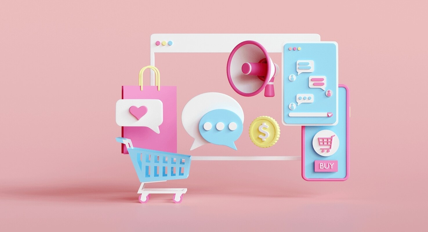 3D Illustration of icons showcasing ecommerce influencer marketing