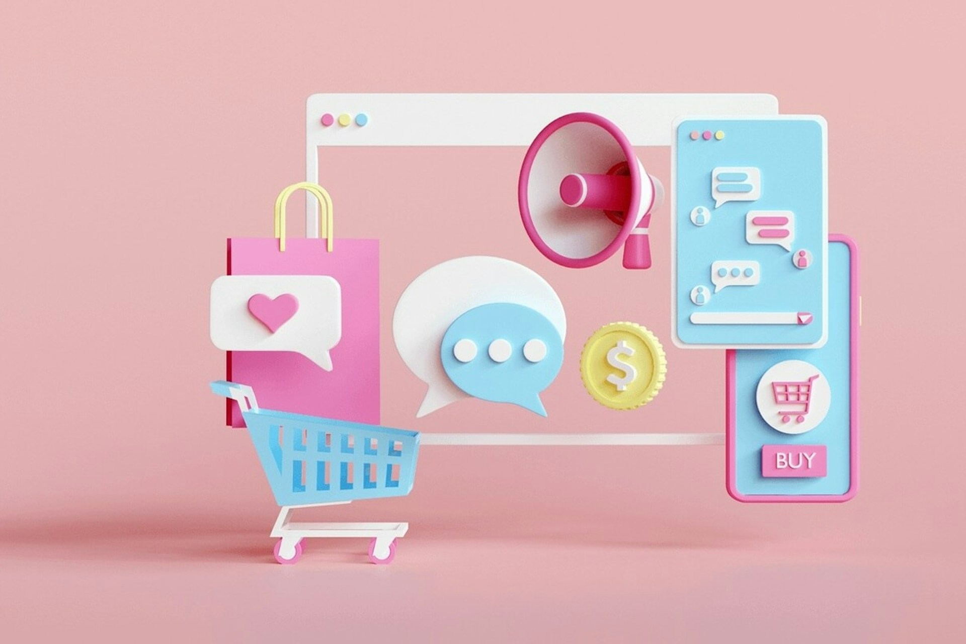 3D Illustration of icons showcasing ecommerce influencer marketing