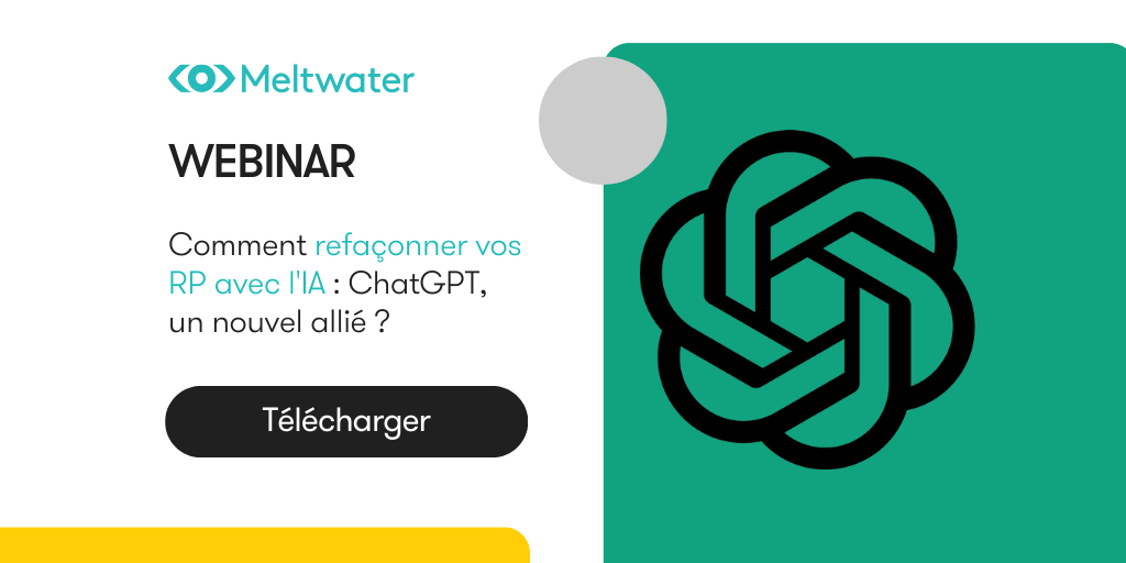 Visuel aux couleurs et design de Meltwater pour une rediffusion de webinar "Comment refaçonner vos RP avec l'IA : Chatgpt, un nouvel allié ?". On y voit également le logo de chatgpt sur un fond vert.