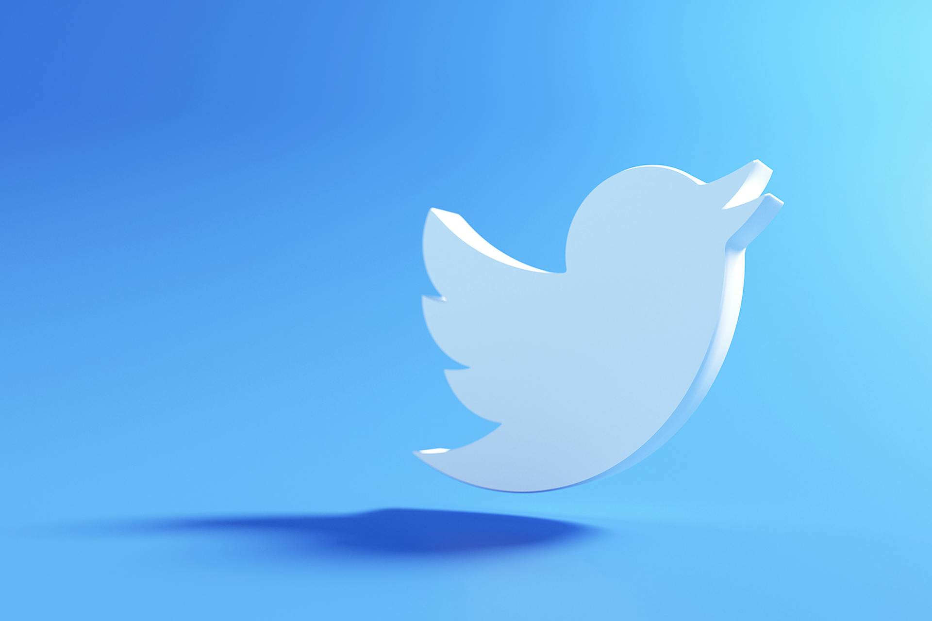 青い背景にTwitterロゴの白い鳥が飛んでいる3Dレンダー画像