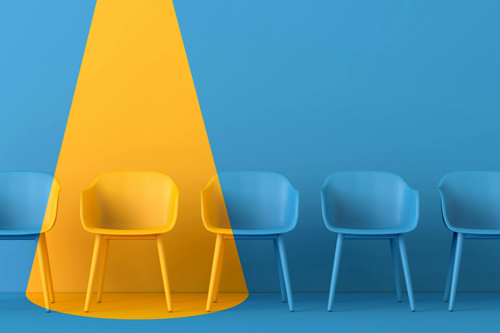 Row of blue chairs on blue background with one chair lit up yellow. Why employee advocacy is important, blog post