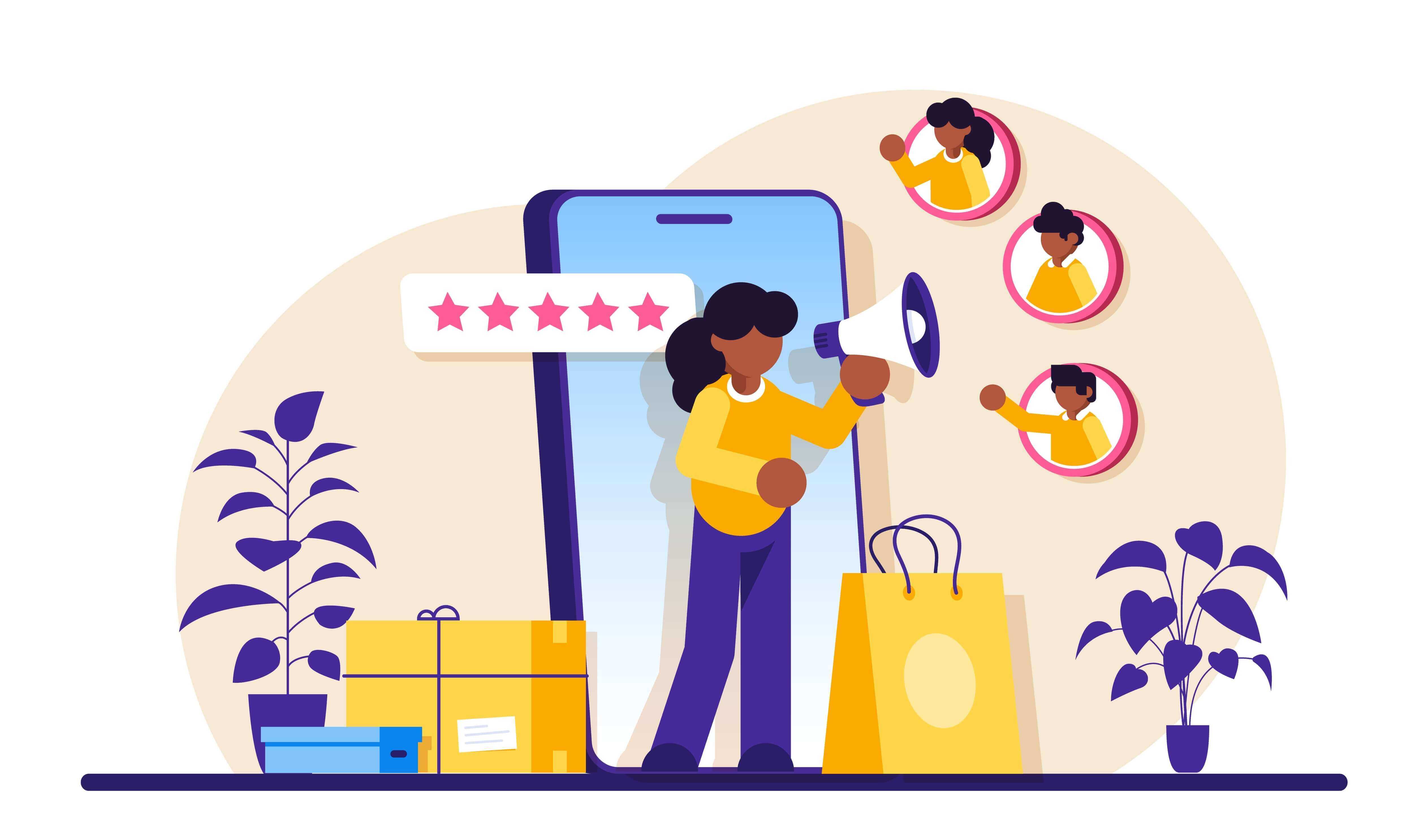 Eine Frau hält ein Megaphone in der Hand, hinter ihr ist ein Smartphone das so groß ist wie sie, neben ihre sind Geschenkspakete und 2 Pflanzen, der Hintergrund ist weiß und hellgelb, in kleinen Kreisen sie man 3 weitere Menschen