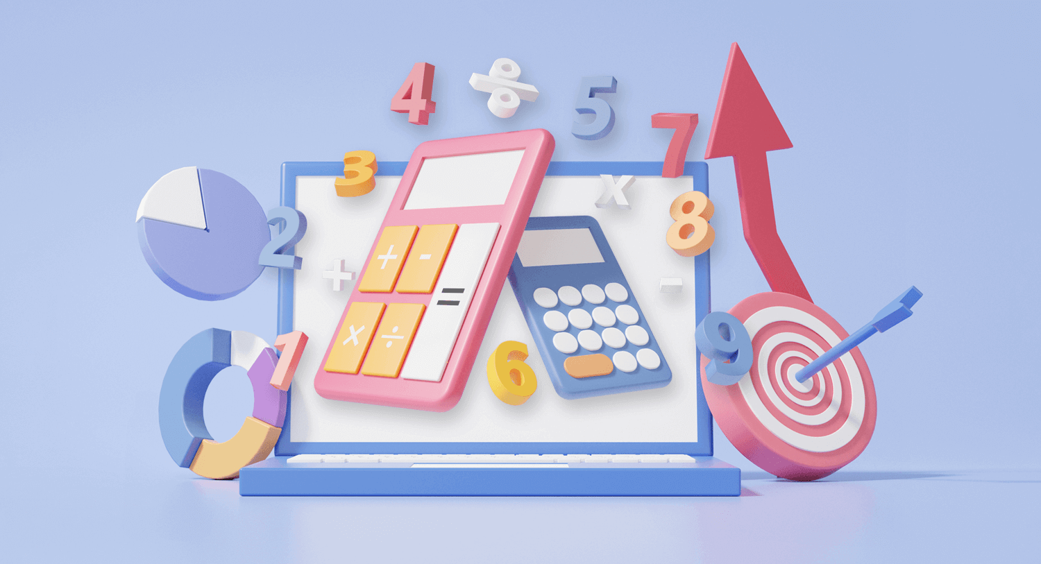 Illustration showing two calculators, a pie chart, numbers, target, and a large red arrow floating in front of a computer screen. Top Sales Software blog post.