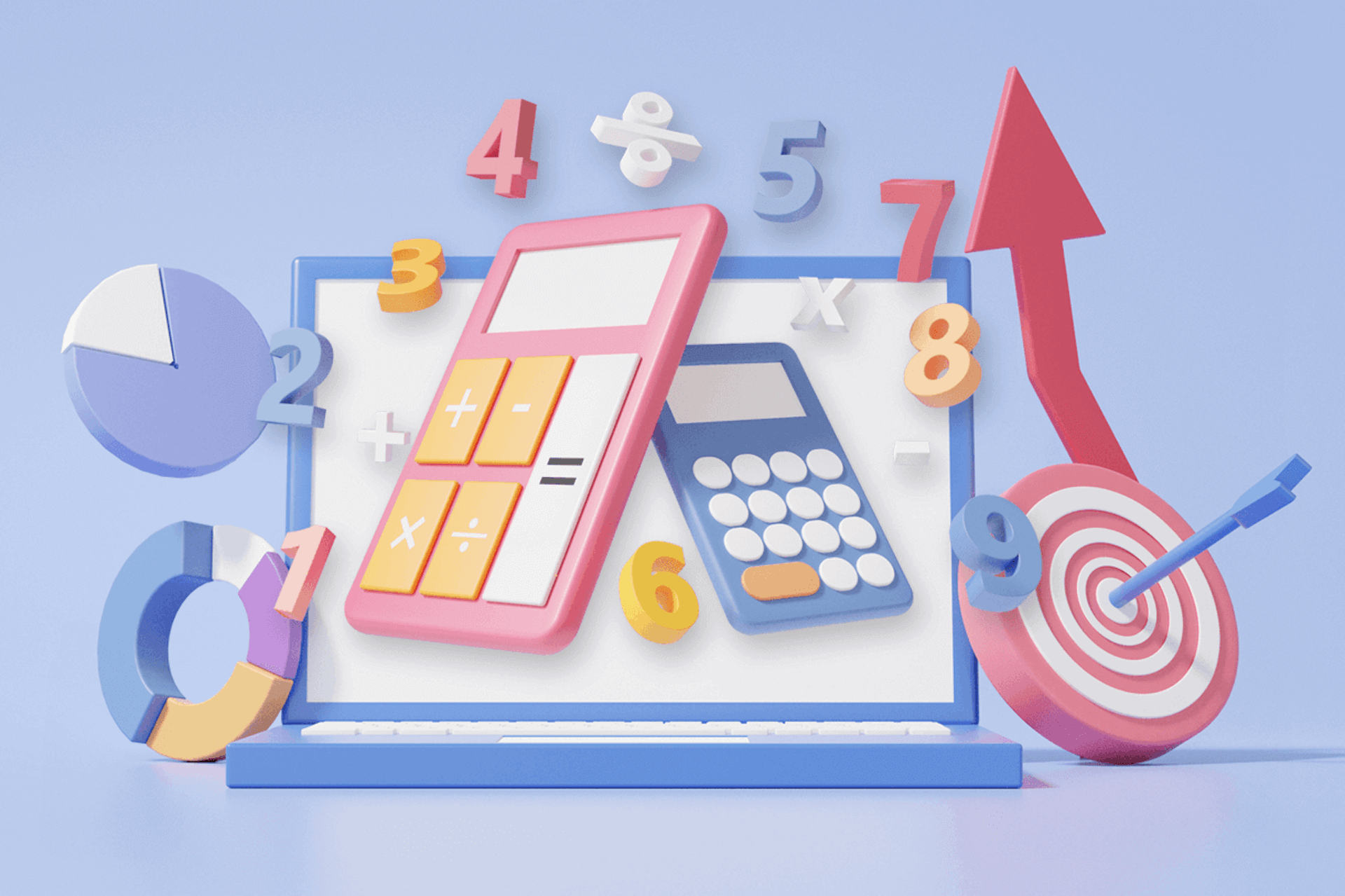 Illustration showing two calculators, a pie chart, numbers, target, and a large red arrow floating in front of a computer screen. Top Sales Software blog post.
