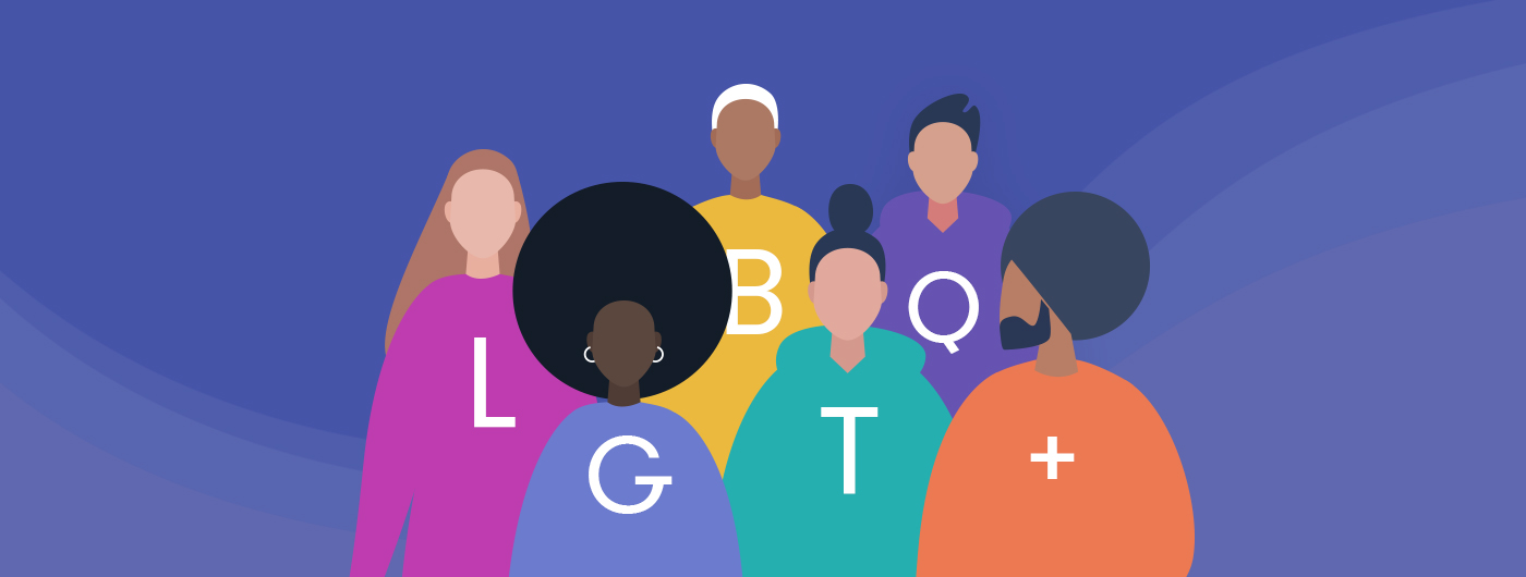 A diverse group of people with each wearing a sweater with one of the letters from the acronym LGBTQ+ on the front. 