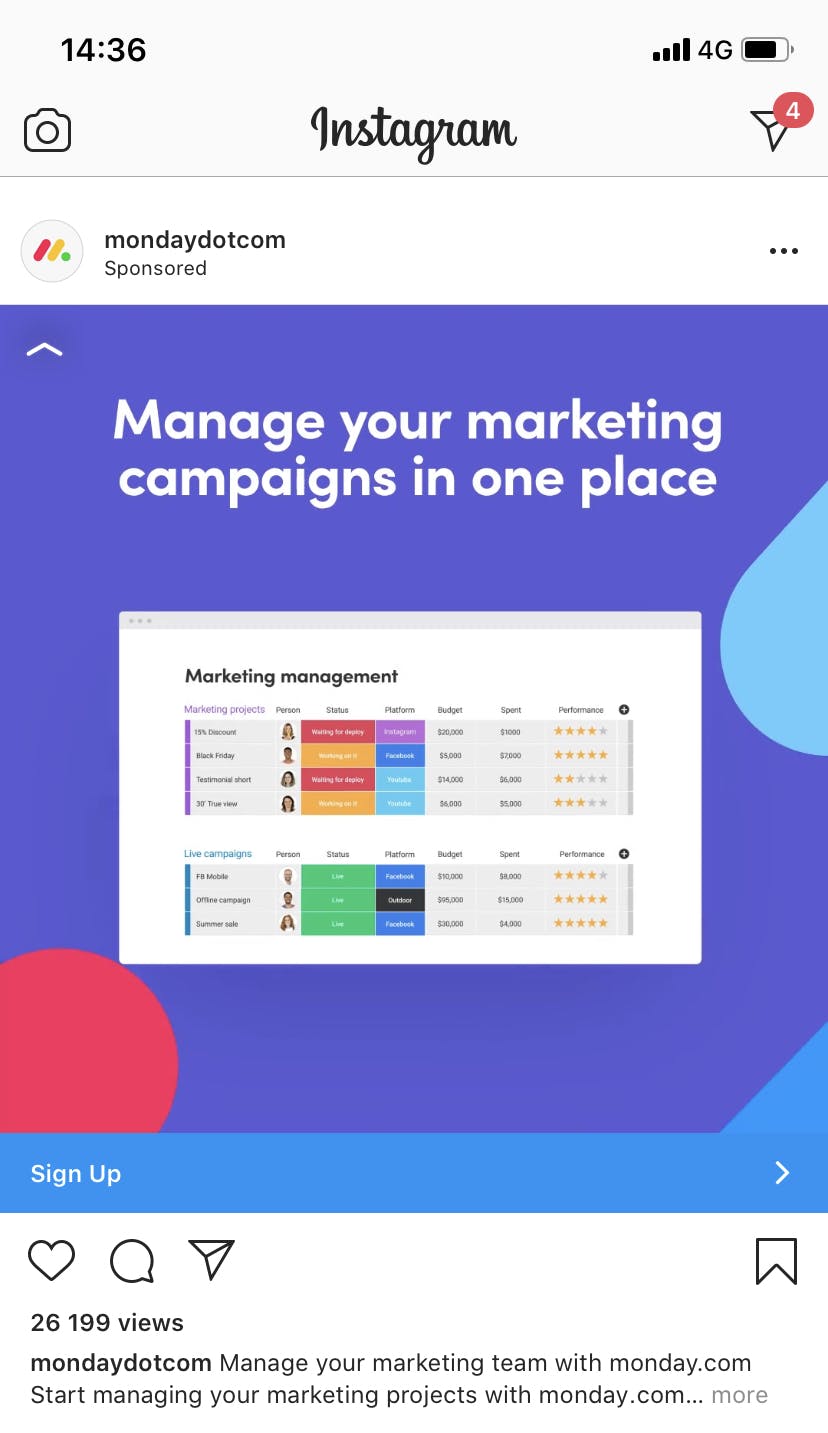 Instagram Feed paid ad example monday.com