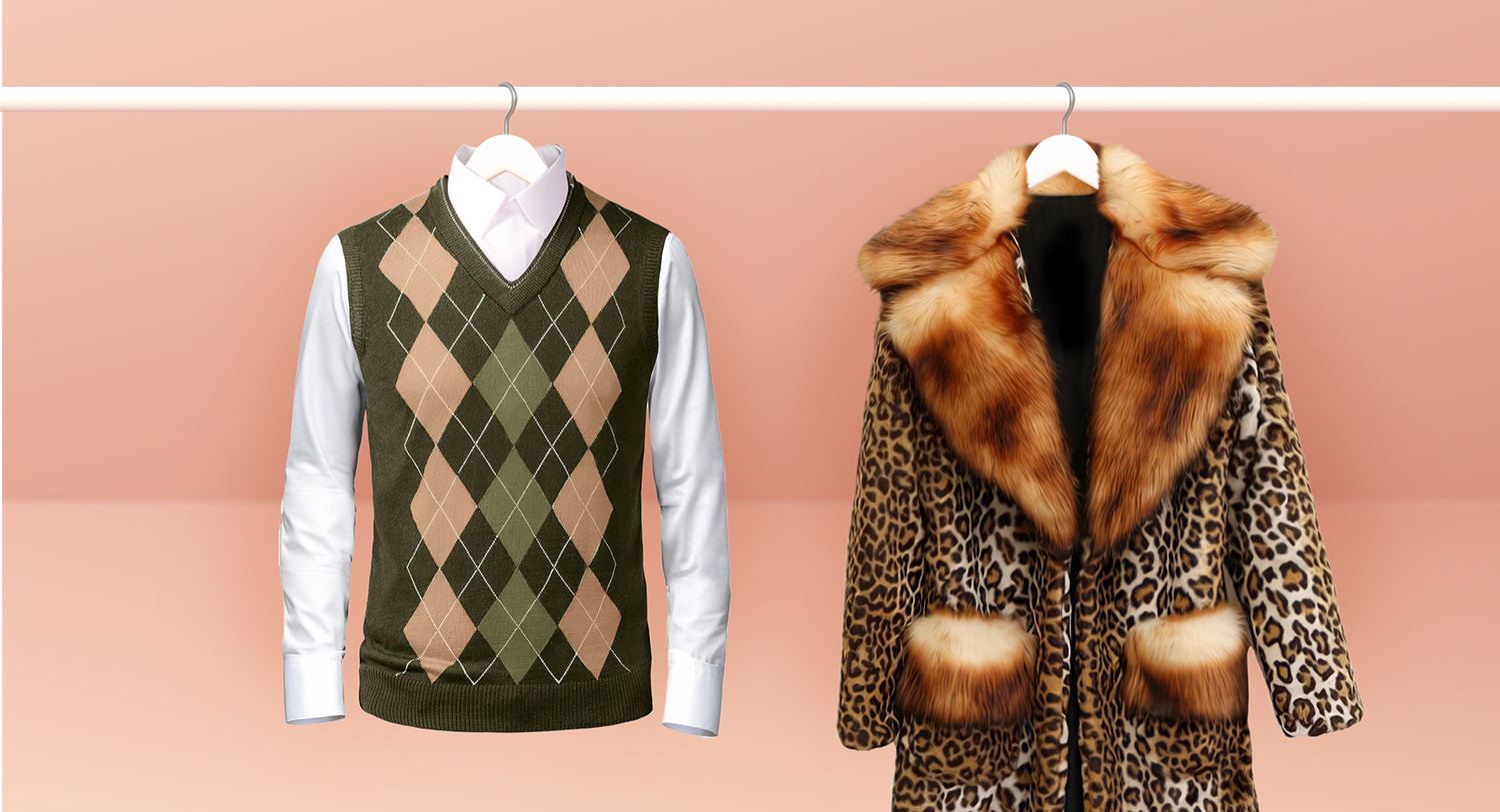 Two outfits on hangers on a white rod. On the left, a sweater vest over a white button down shirt, on the right, a leopard print and fur trimmed coat for a Meltwater social listening blog about the grandpacore and mob wife aesthetic trends.