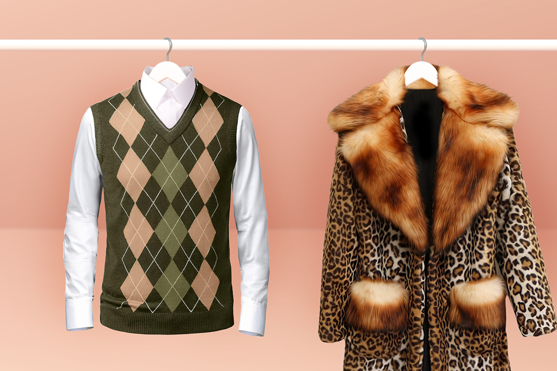 Two outfits on hangers on a white rod. On the left, a sweater vest over a white button down shirt, on the right, a leopard print and fur trimmed coat for a Meltwater social listening blog about the grandpacore and mob wife aesthetic trends.