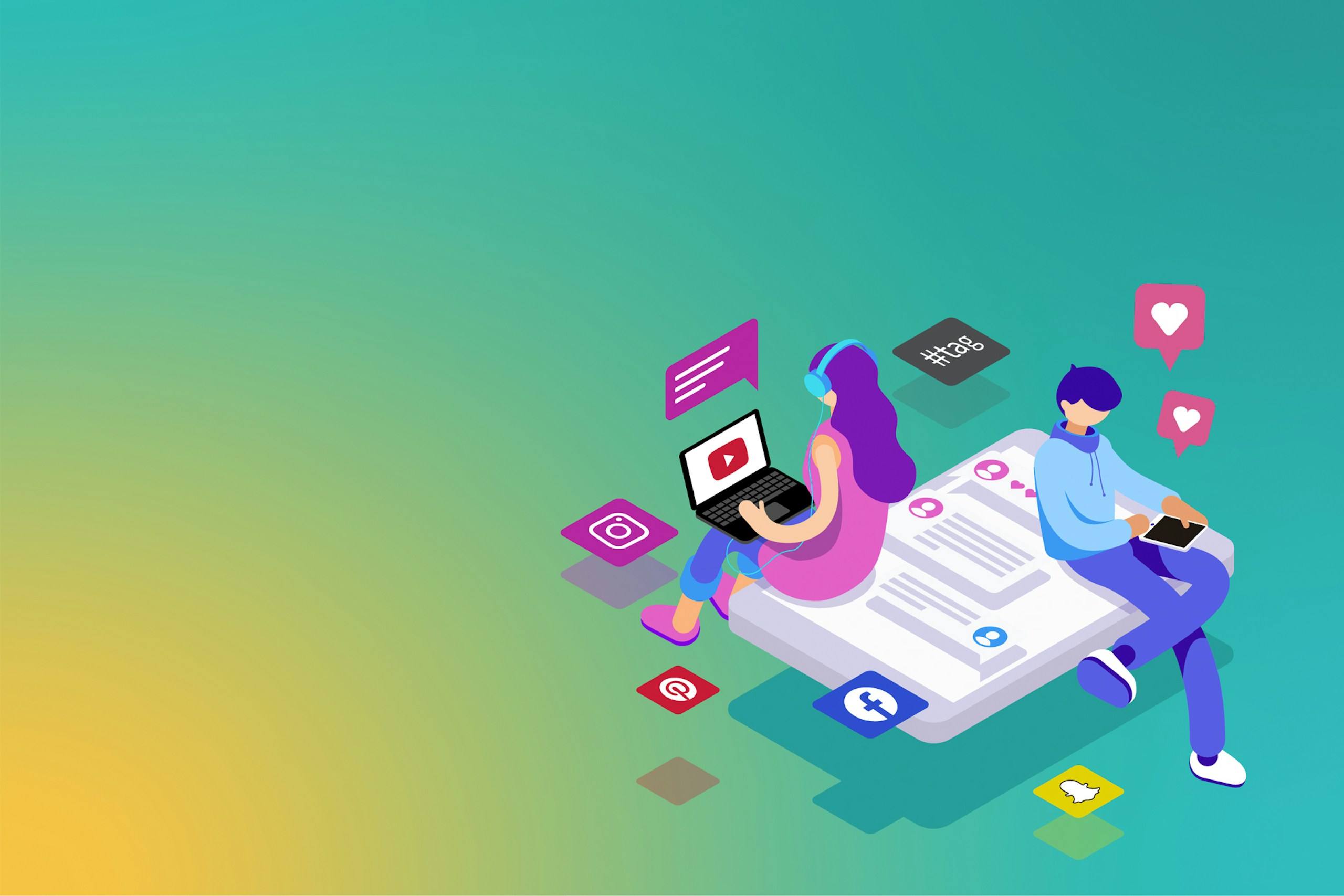 An illustration showing two people sitting on a phone screen surrounded by social media icons. One is on a laptop and wearing headphones, the other is on a smart phone.