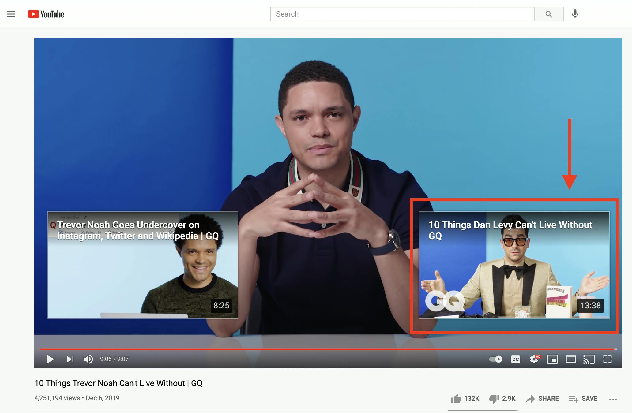End screen notations of a video on GQ channel featuring Trevor Noah. Next video suggested is one from the same series.