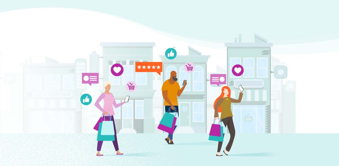 Illustration of people walking on the street with their smartphones and shopping bags