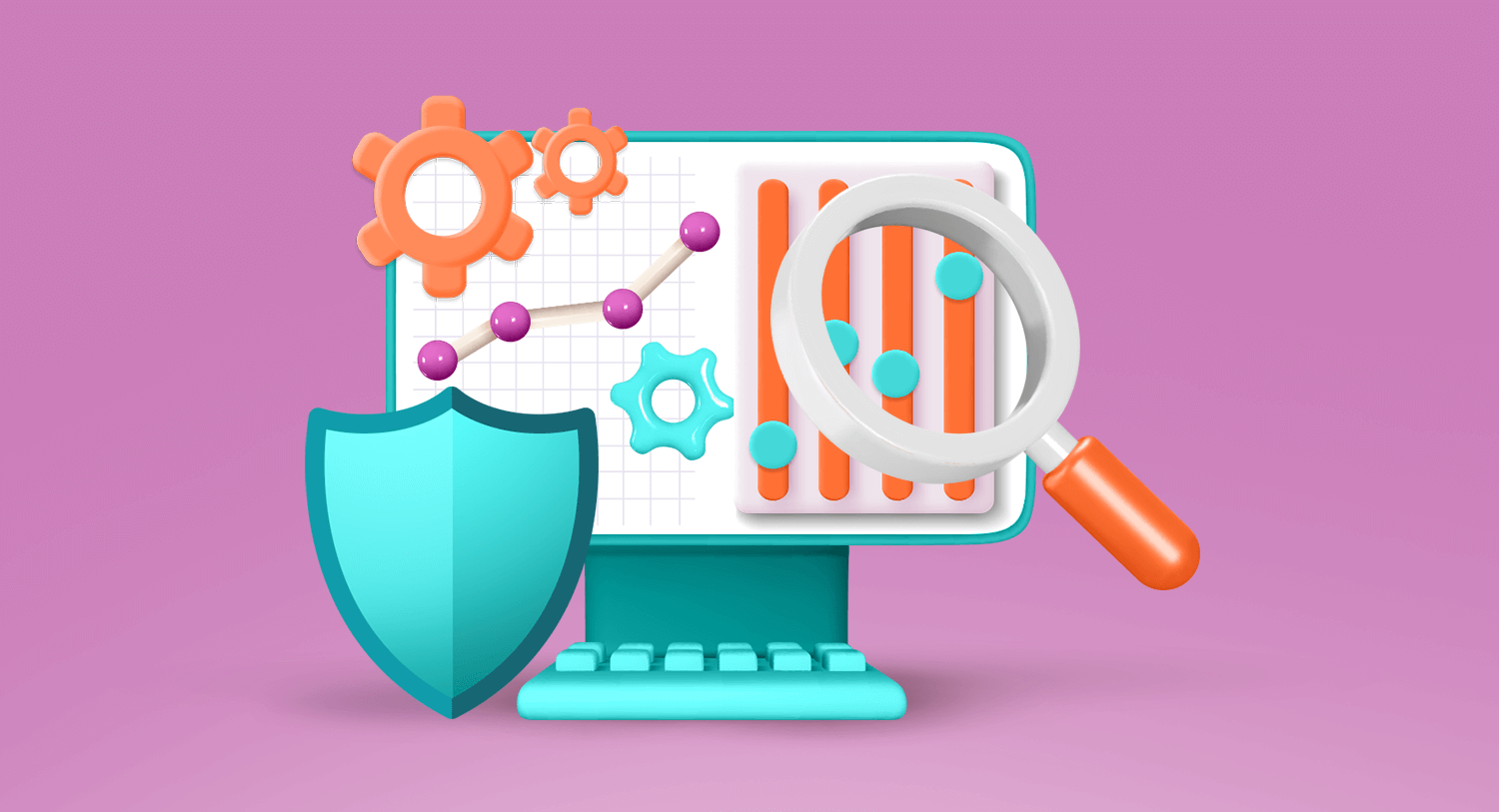 An illustration of a magnifying glass over a computer monitor displaying graphs and metrics, representing brand monitoring tools.