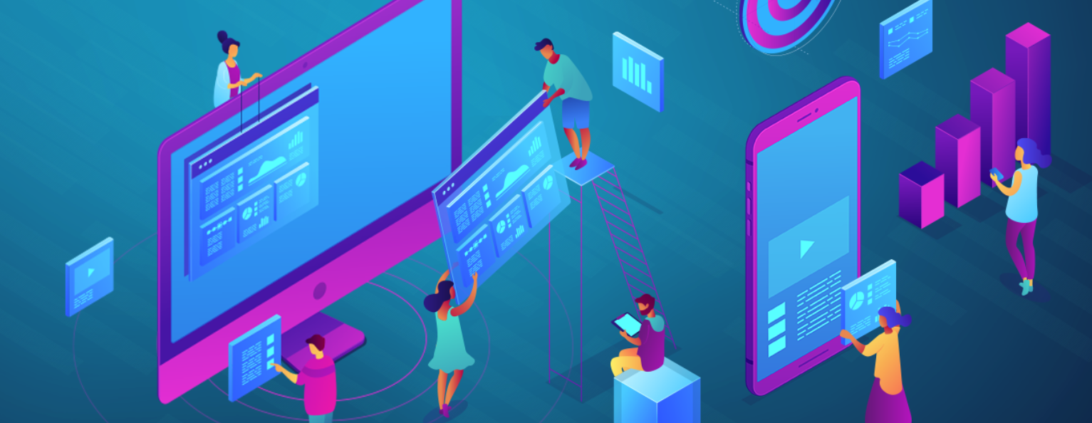 Illustration of people building reports