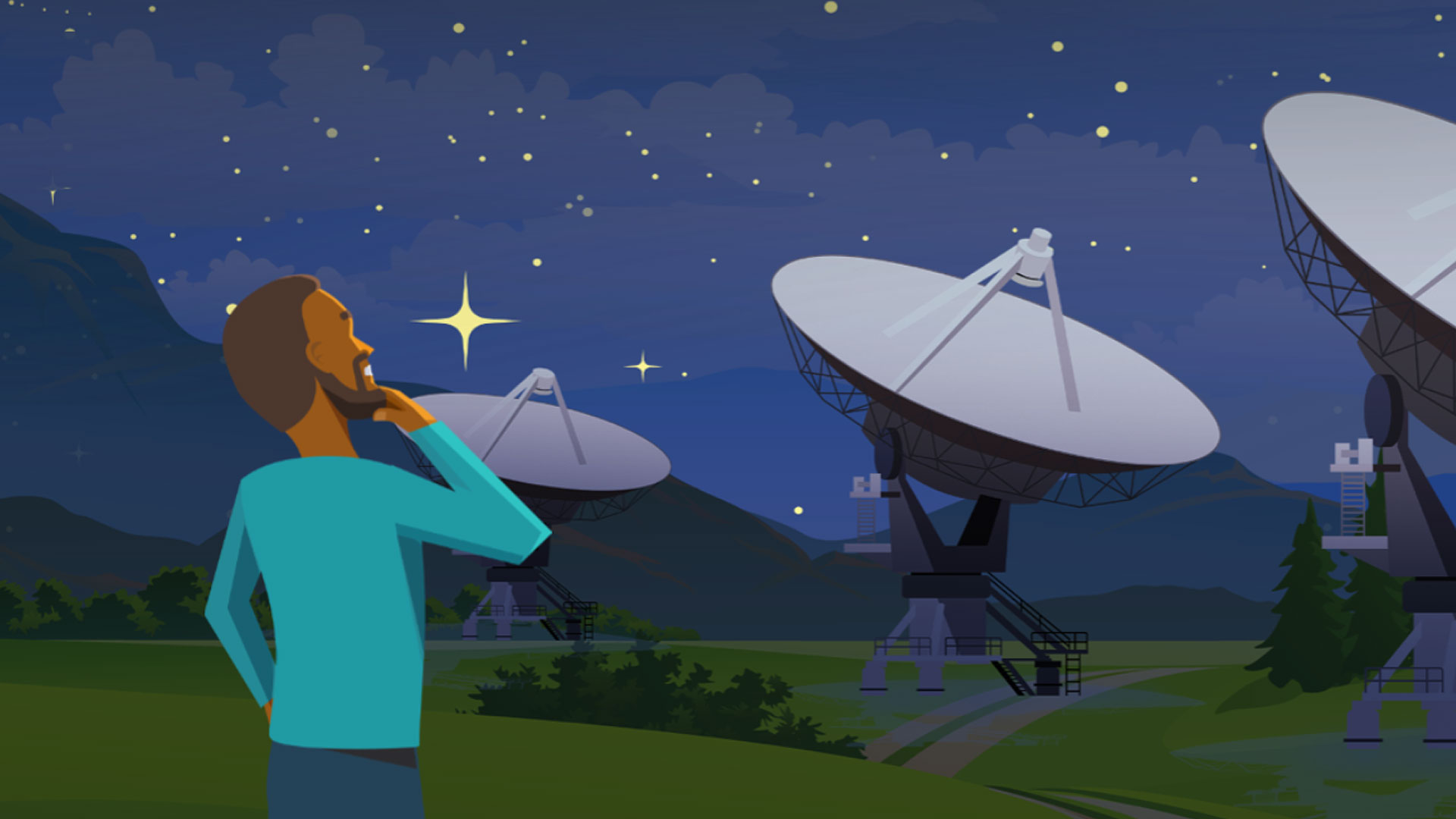 An illustration of a man looking up at a starry sky against a backdrop of satellite dishes