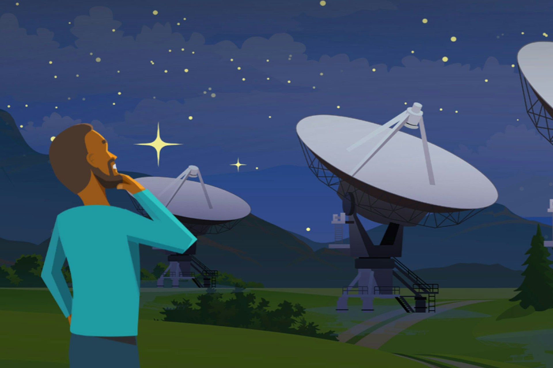 An illustration of a man looking up at a starry sky against a backdrop of satellite dishes