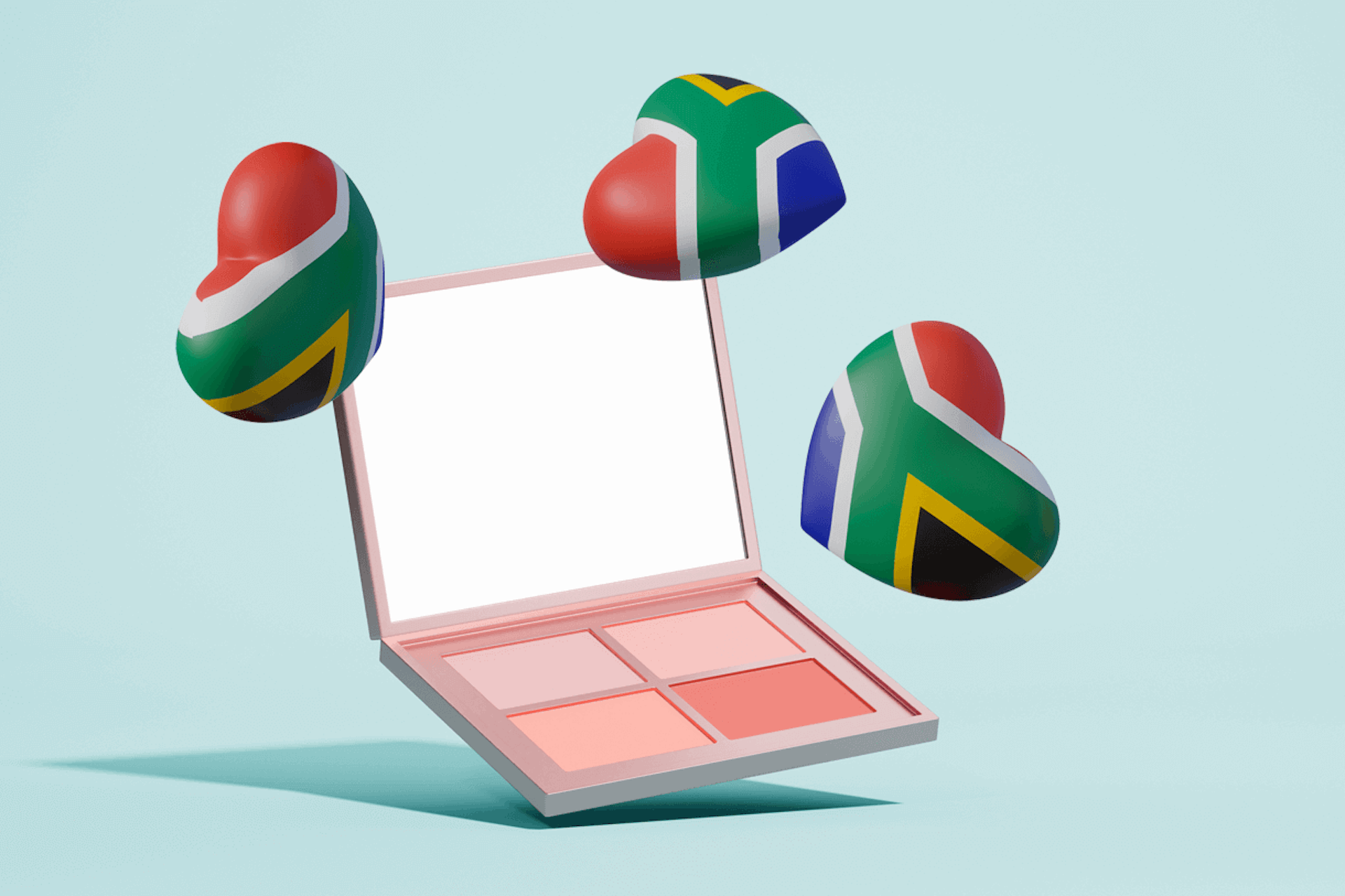 3D Illustration of a blush palette with hearts with the South African flag around it as the title image for our blog about South African beauty influencers