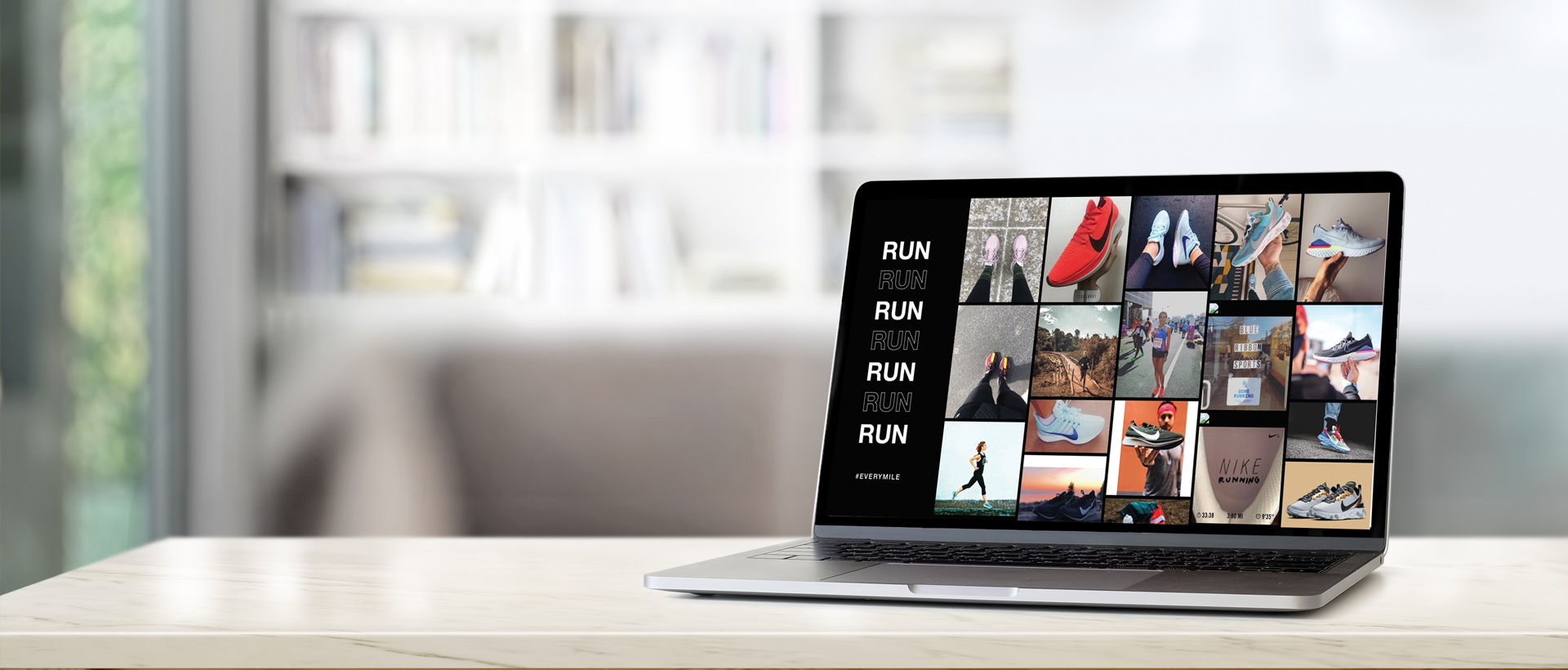 A laptop computer on a desk in an office showing a grid of UGC images for running shoes