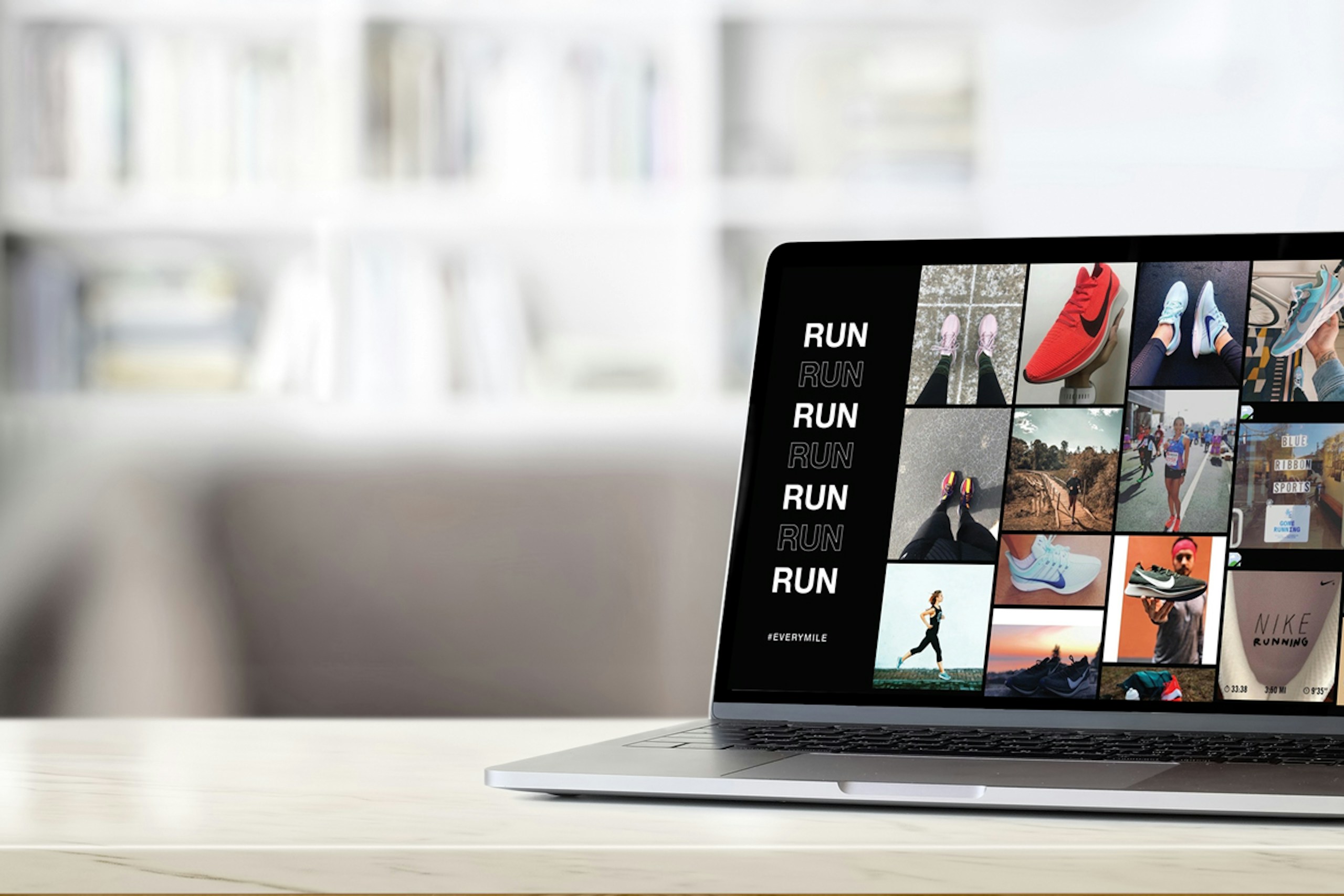 A laptop computer on a desk in an office showing a grid of UGC images for running shoes